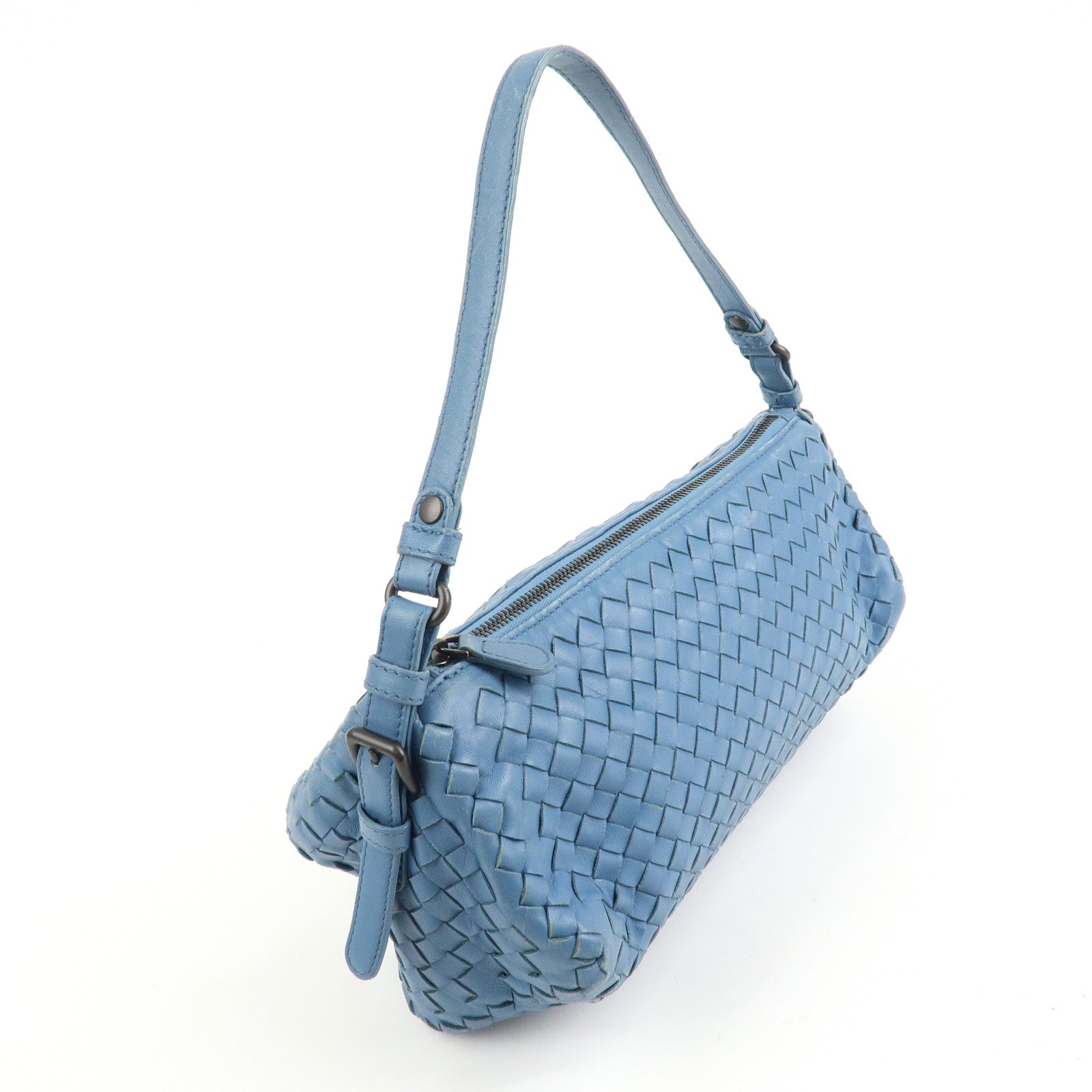 BOTTEGA VENETA Intrecciato Leather Shoulder Bag Light Blue Used