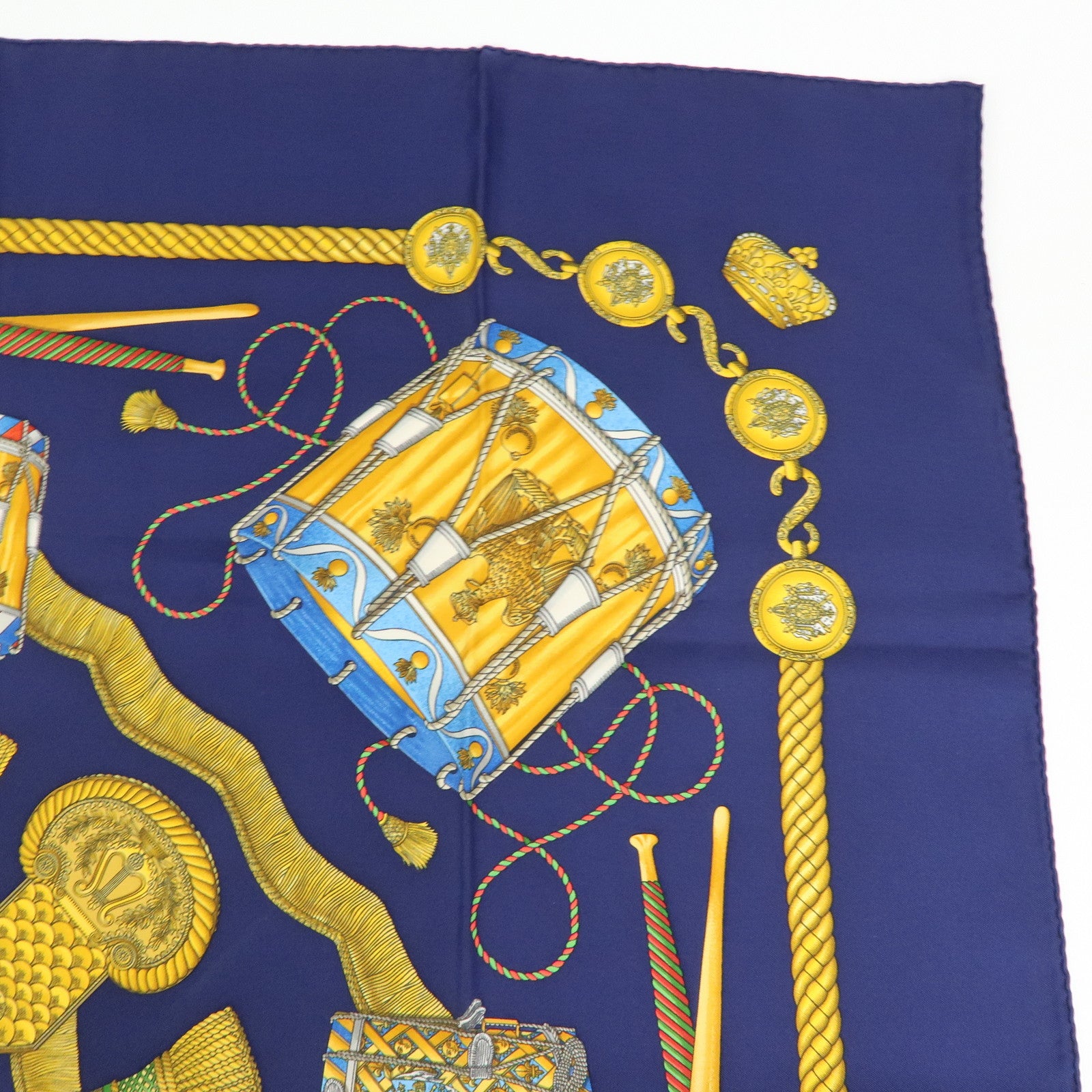 HERMES Carre 90 Silk 100% Scarf LES TAMBOURS Navy Yellow