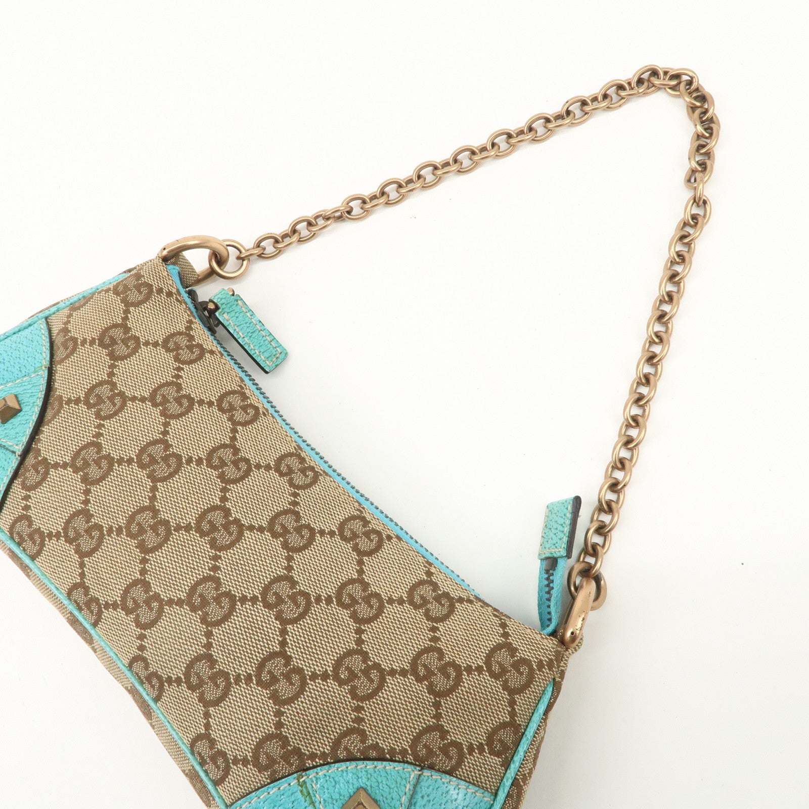 GUCCI GG Canvas Leather Chain Shoulder Bag Beige Turquoise Blue 120940 Used