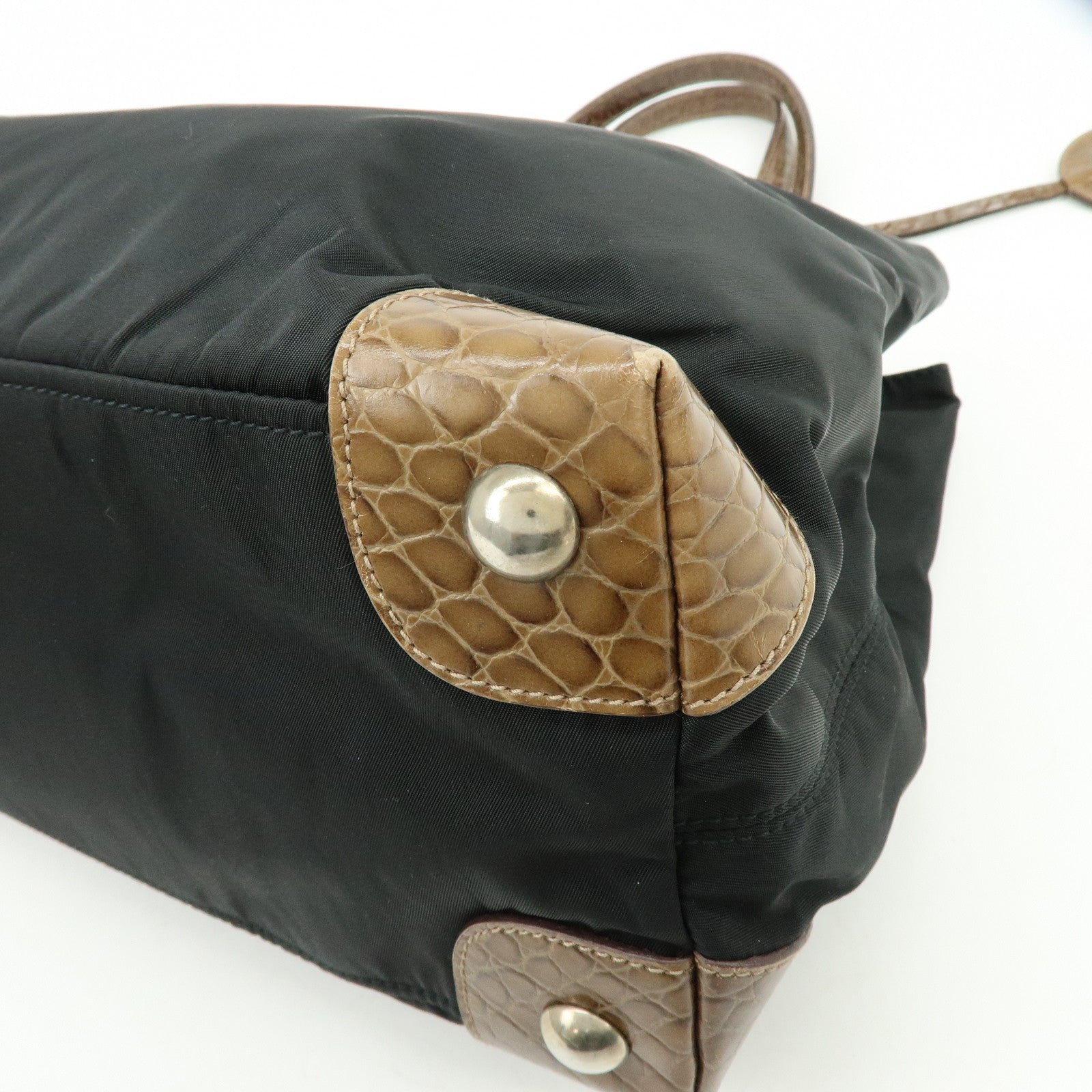 PRADA Triangle Logo Nylon Embossed Leather Tote Bag Black Brown