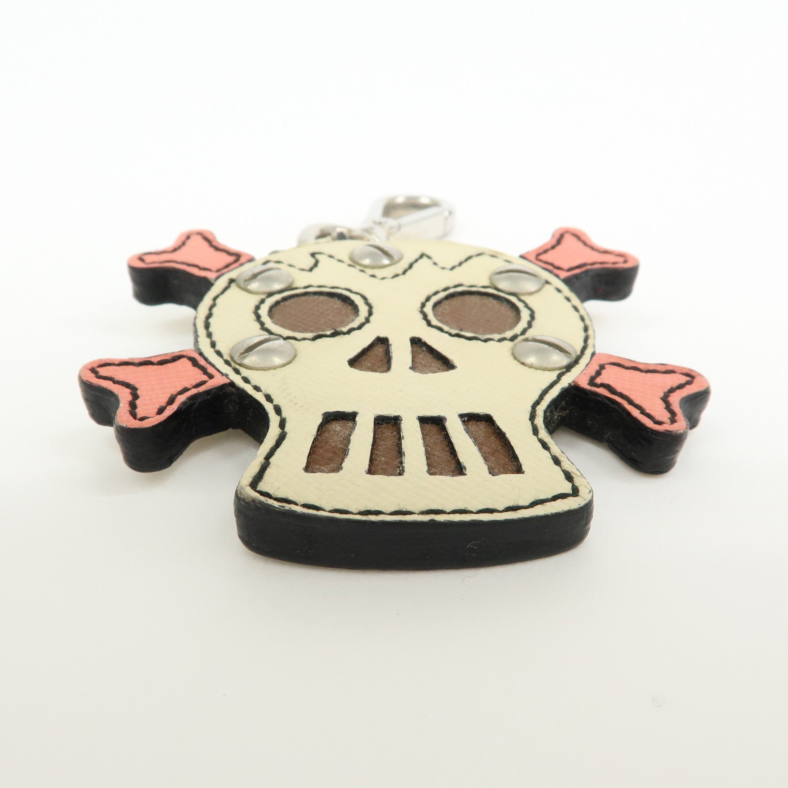 PRADA Saffiano Leather Metal Skull Bag Key Charm Key Holder Ivory