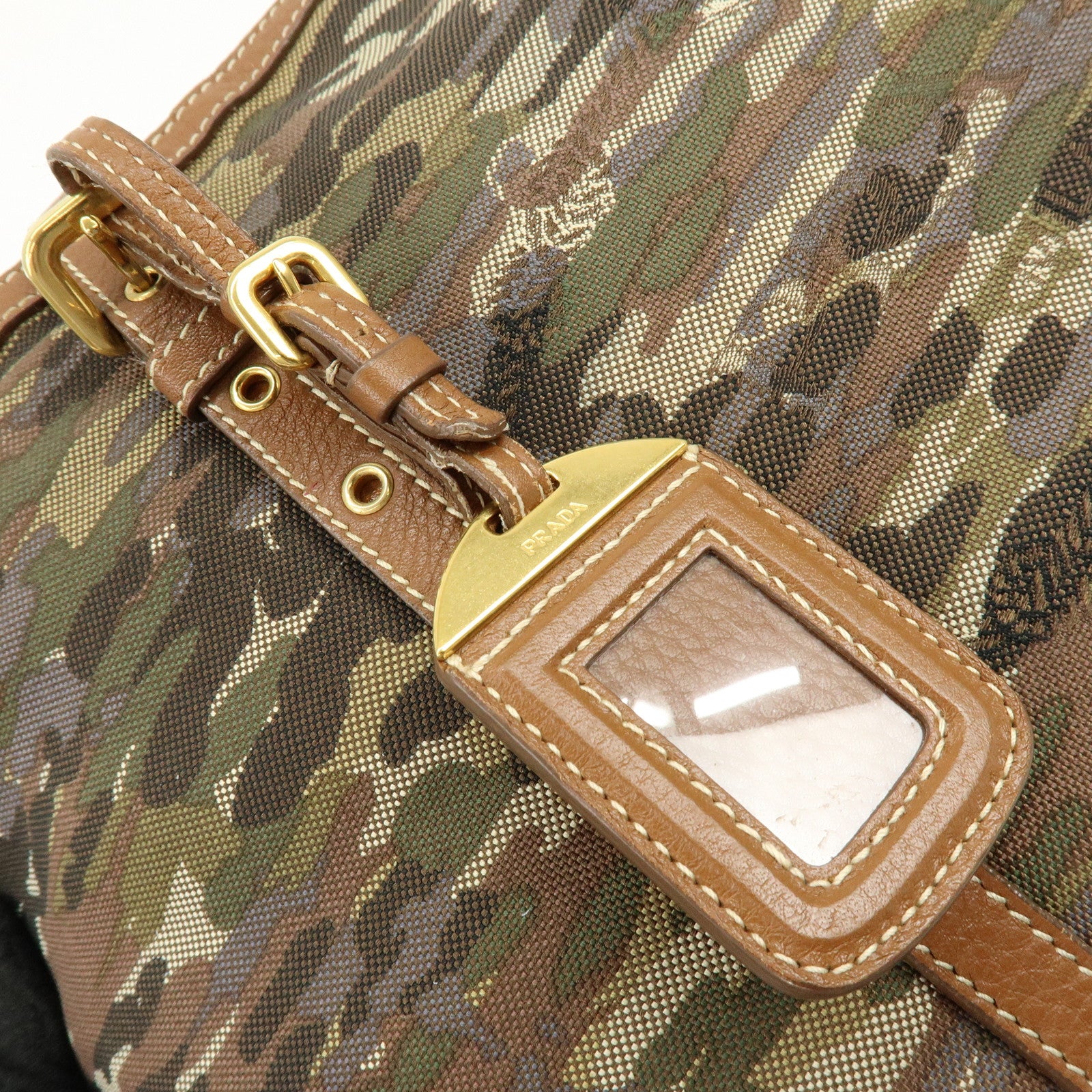 PRADA Canvas Leather Tote Bag Shoulder Bag Camouflage Brown Khaki