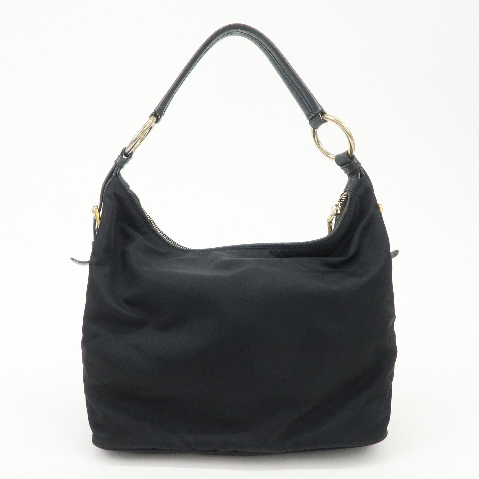 PRADA Triangle Logo Leather Nylon Shoulder Bag Black