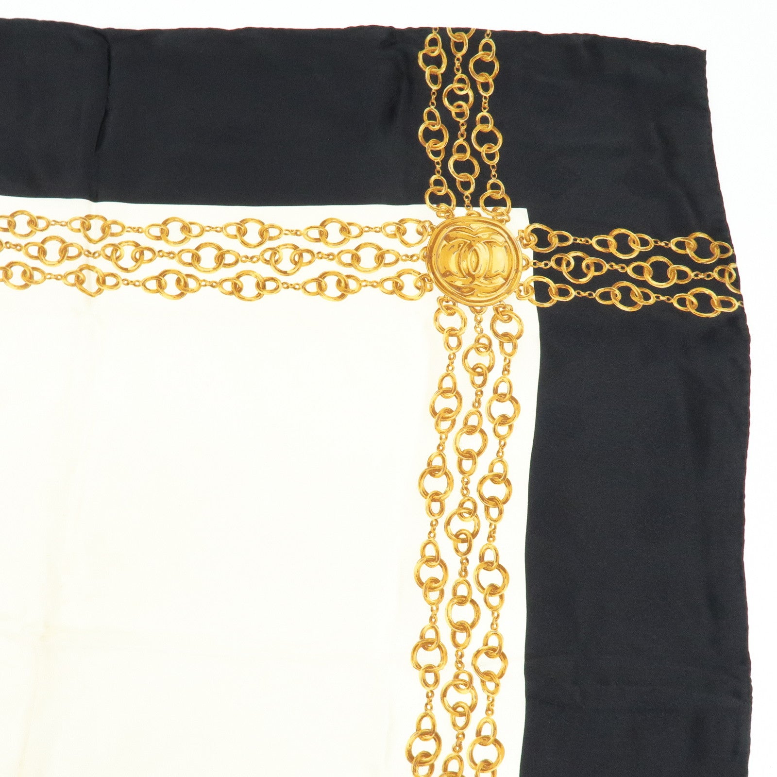 CHANEL Silk 100% Scarf Gold Chain Motif Black White