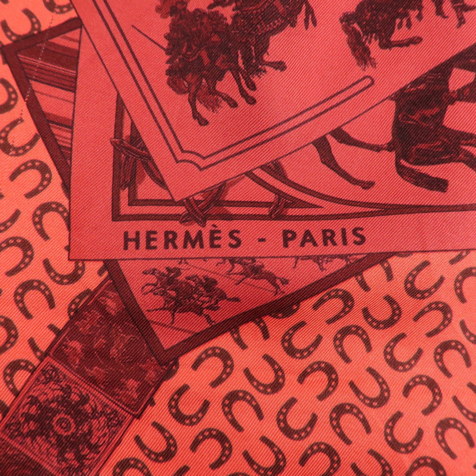 HERMES Carre 90 Silk 100% Scarf Porte Bonheur Horse Pattern Red Used
