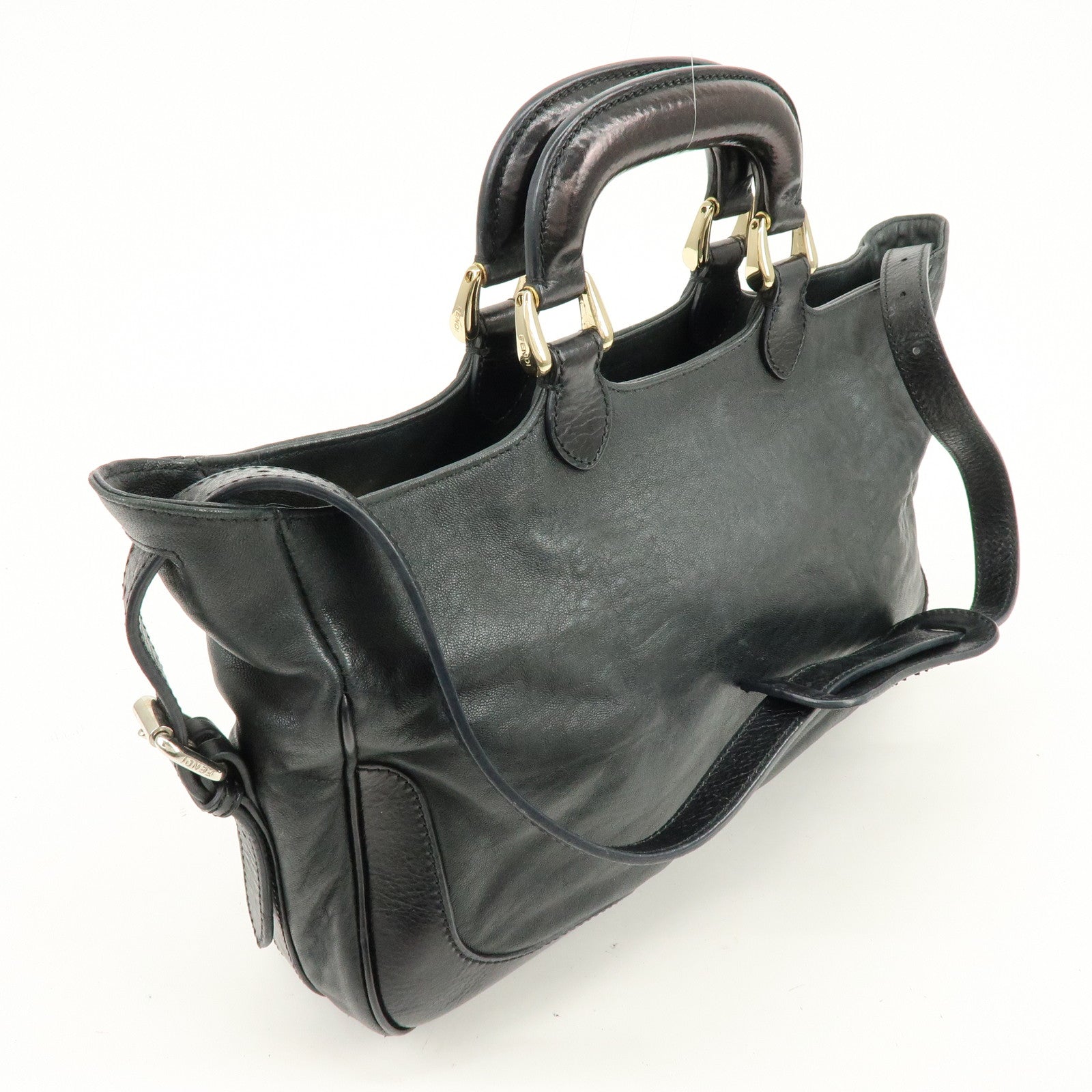 FENDI Leather 2Way Bag Hand Bag Shoulder Bag Black 8BR529