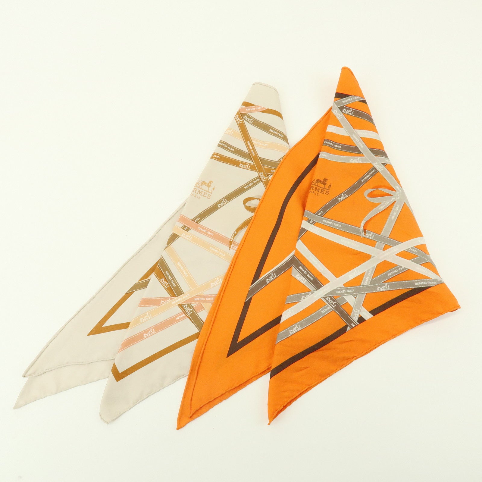 HERMES Pointu Set of 2 Silk 100% Scarf Ribbon Print Orange Beige