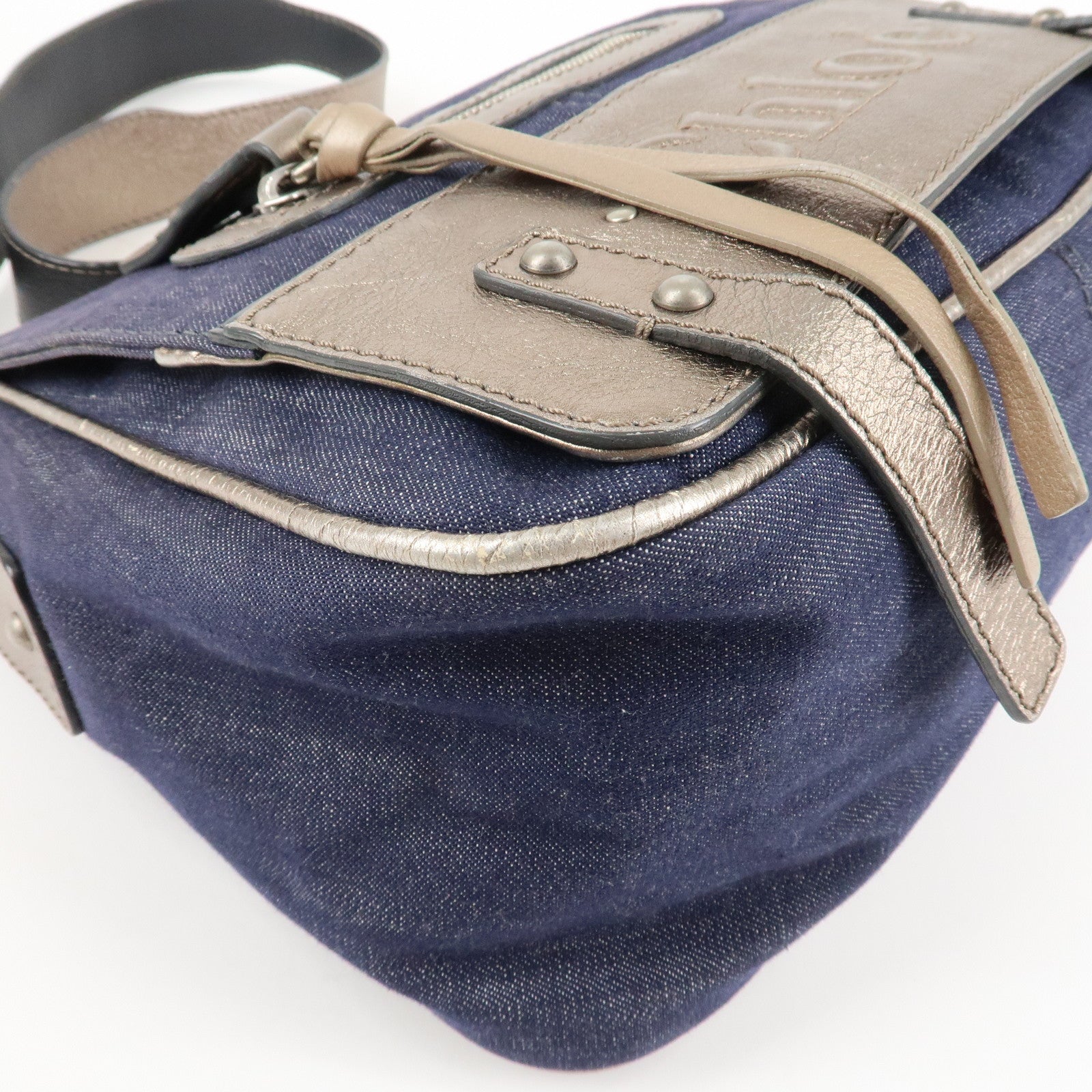 Chloe Denim Leather Shoulder Bag Crossbody Bag Indigo Blue Silver Used