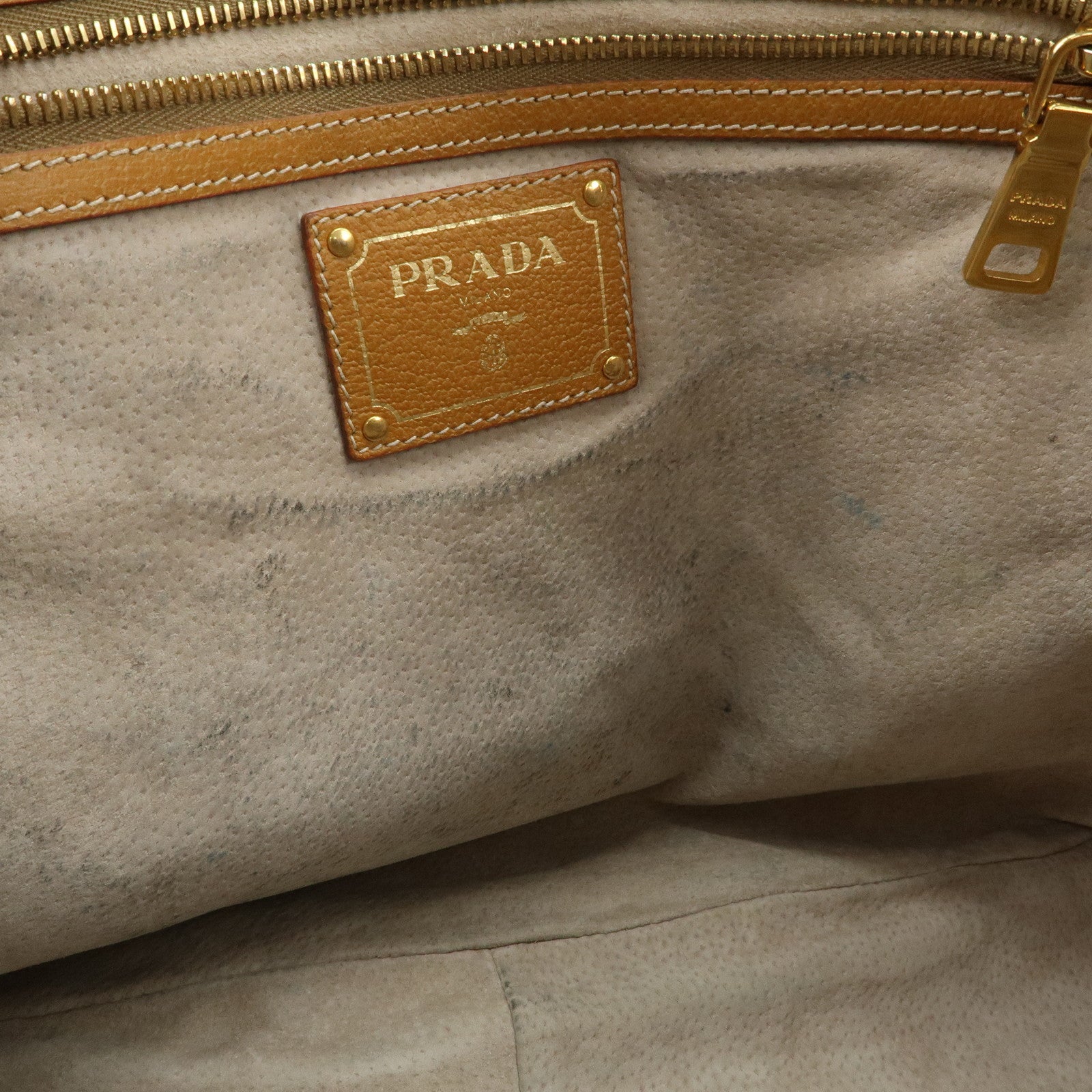 PRADA Triangle Logo Leather Canvas 2 Way Tote Bag Beige Brown