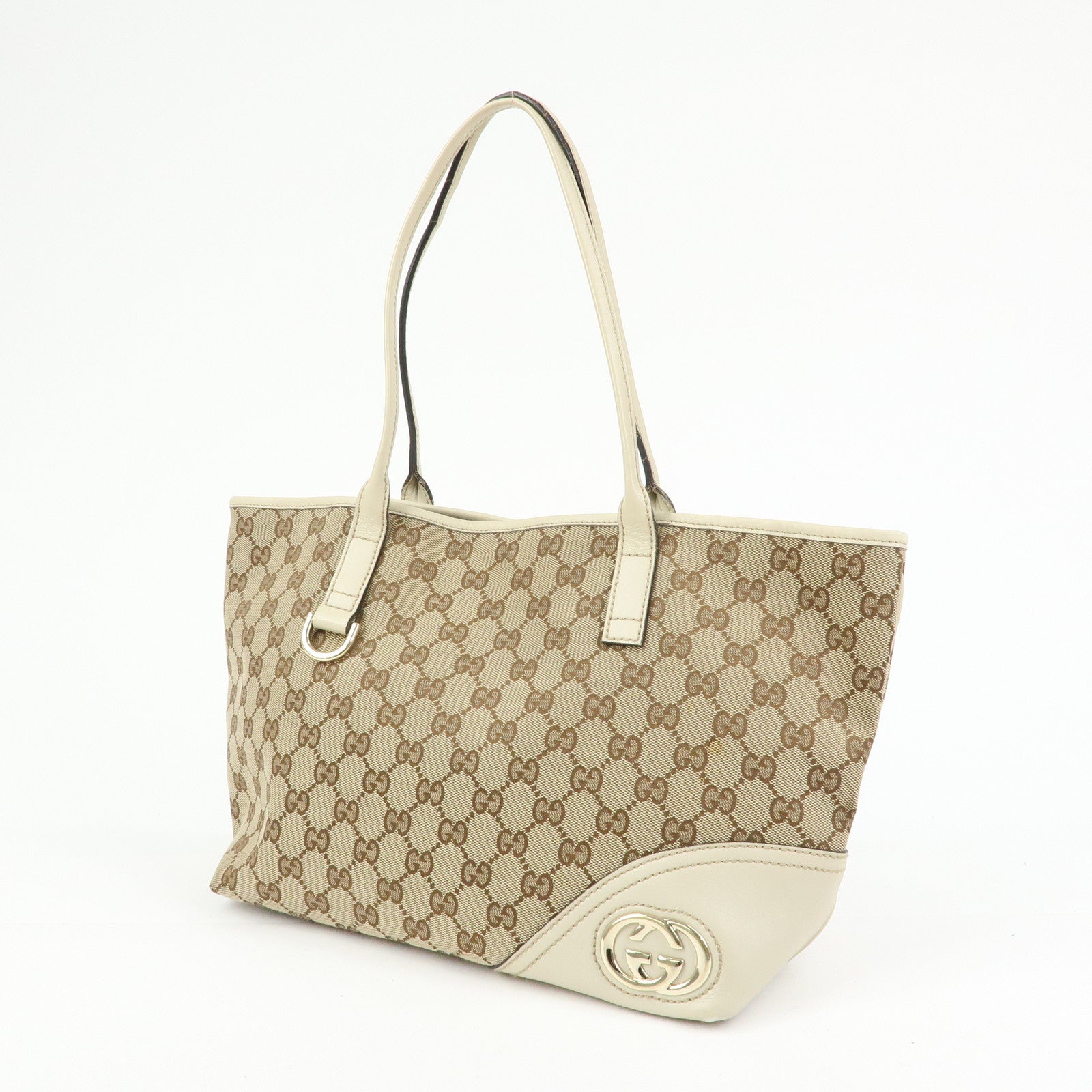 GUCCI Interlocking G GG Canvas Leather Tote Bag Beige White 169946