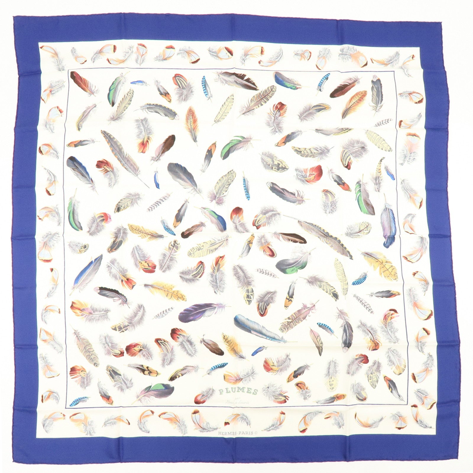 HERMES Carre 90 100% Silk Scarf PLUMES Feather Print Blue White