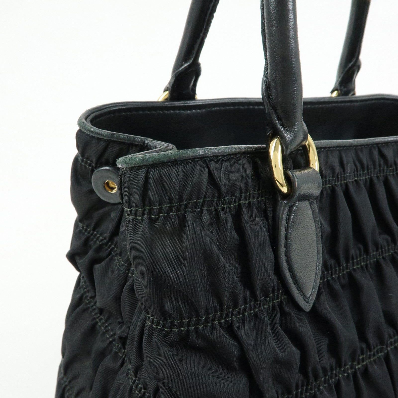 PRADA Nylon Leather Gathered Tote Bag Hand Bag Black