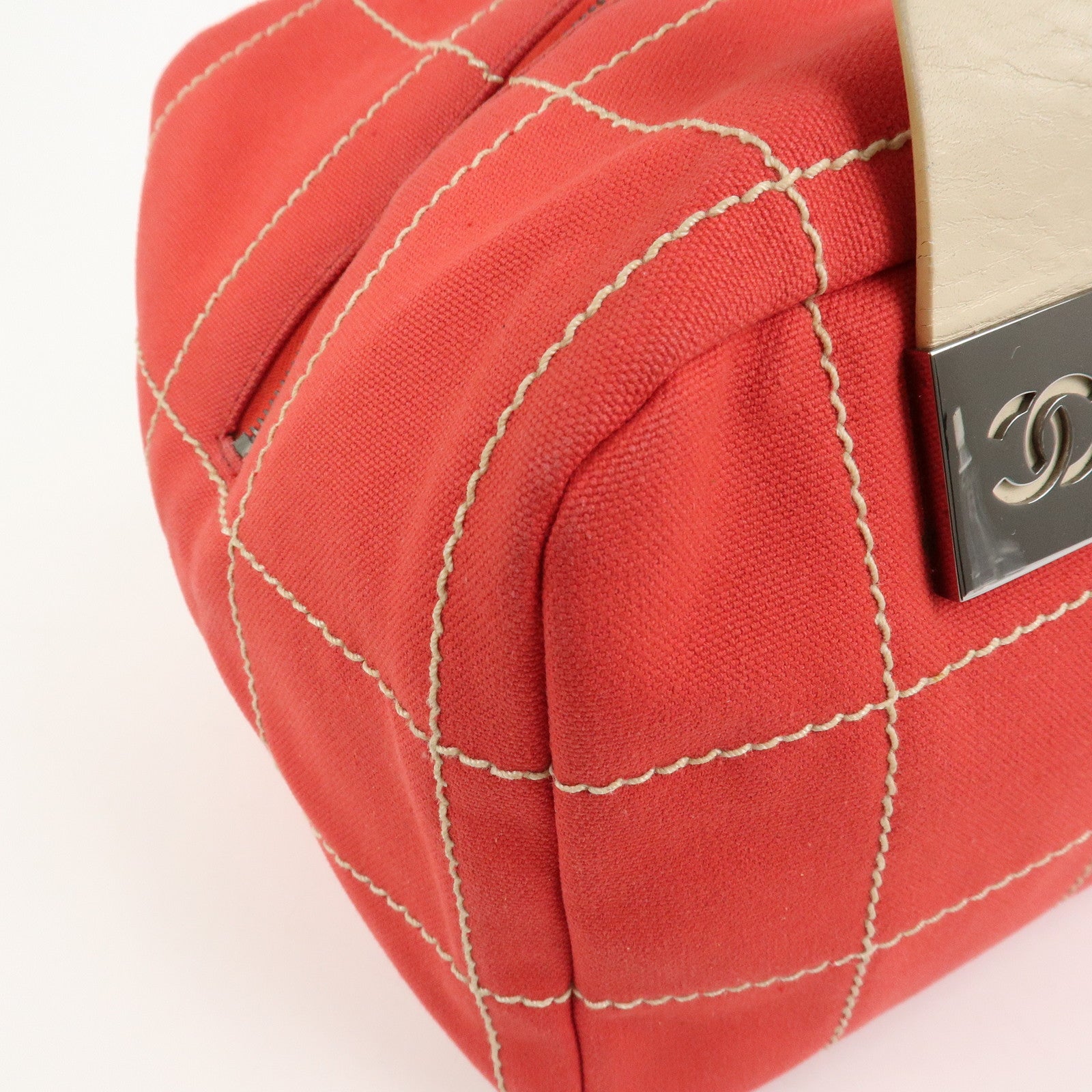 CHANEL Chocolate Bar COCO Mark Canvas Leather Hand Bag Red