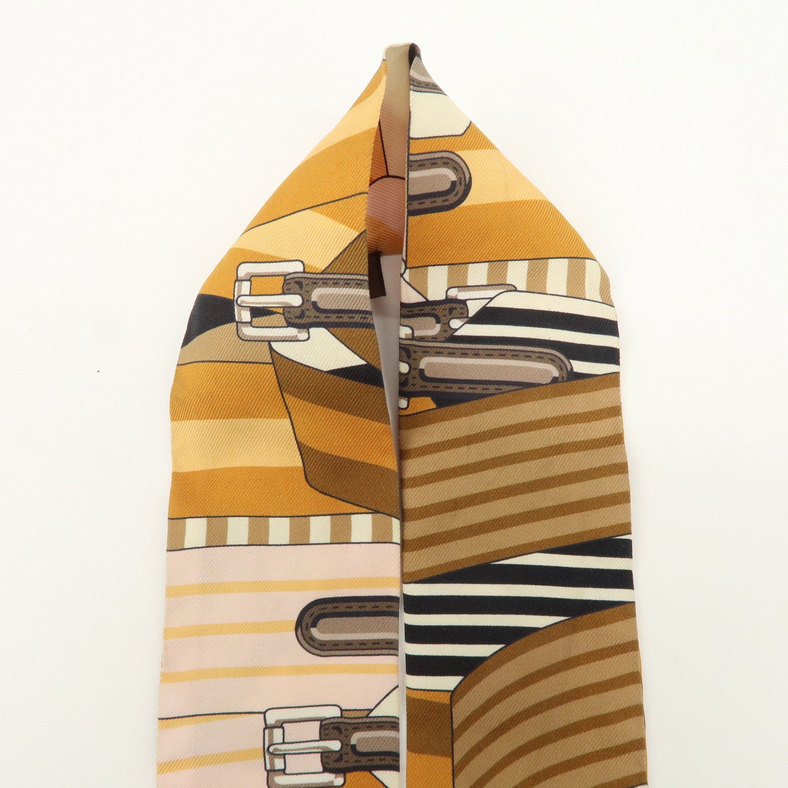 HERMES Twilly Silk 100% Scarf LES SANGLES Brown Black Peach