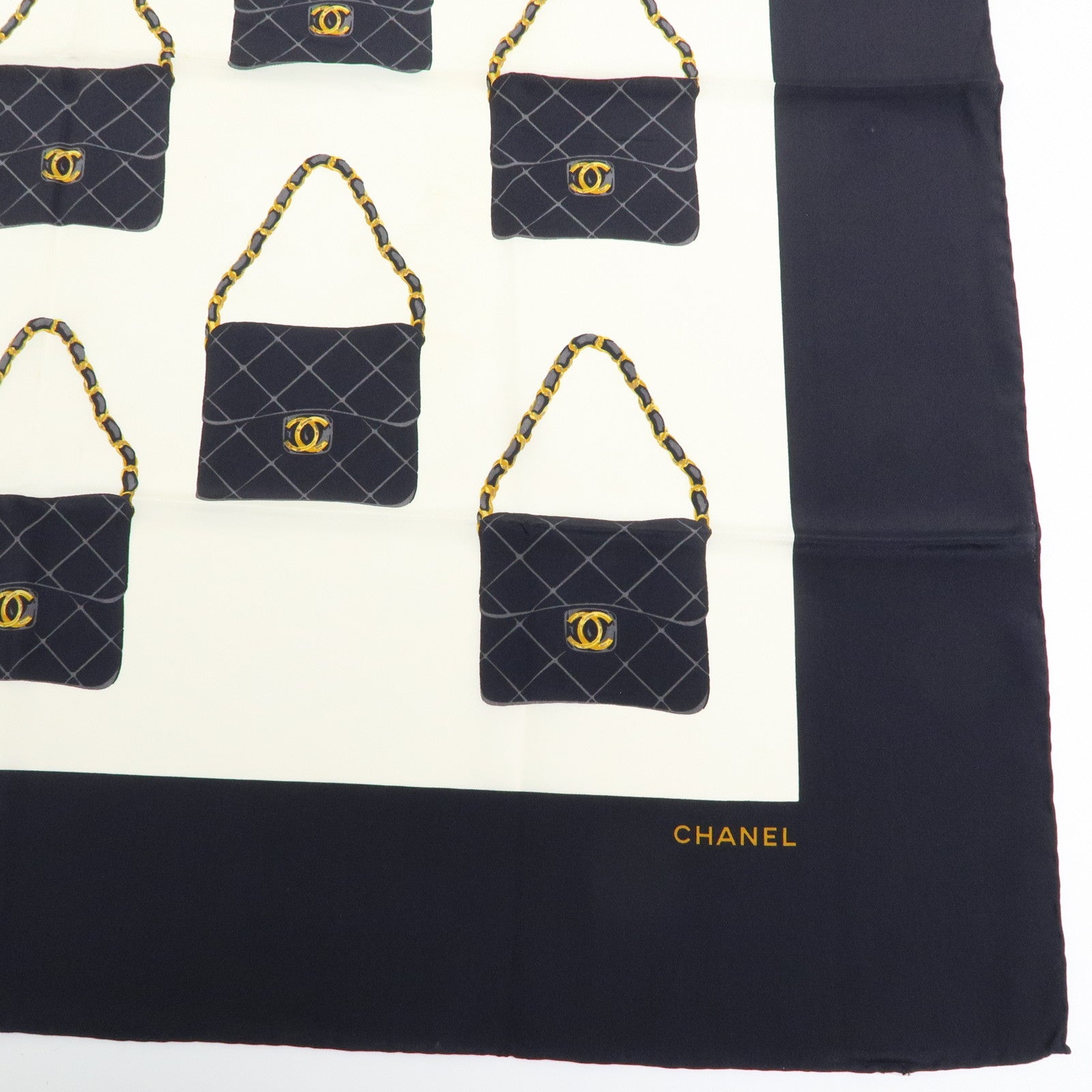 CHANEL Silk 100% Scarf Matelasse Bag Motif 86cm×86cm Black Ivory