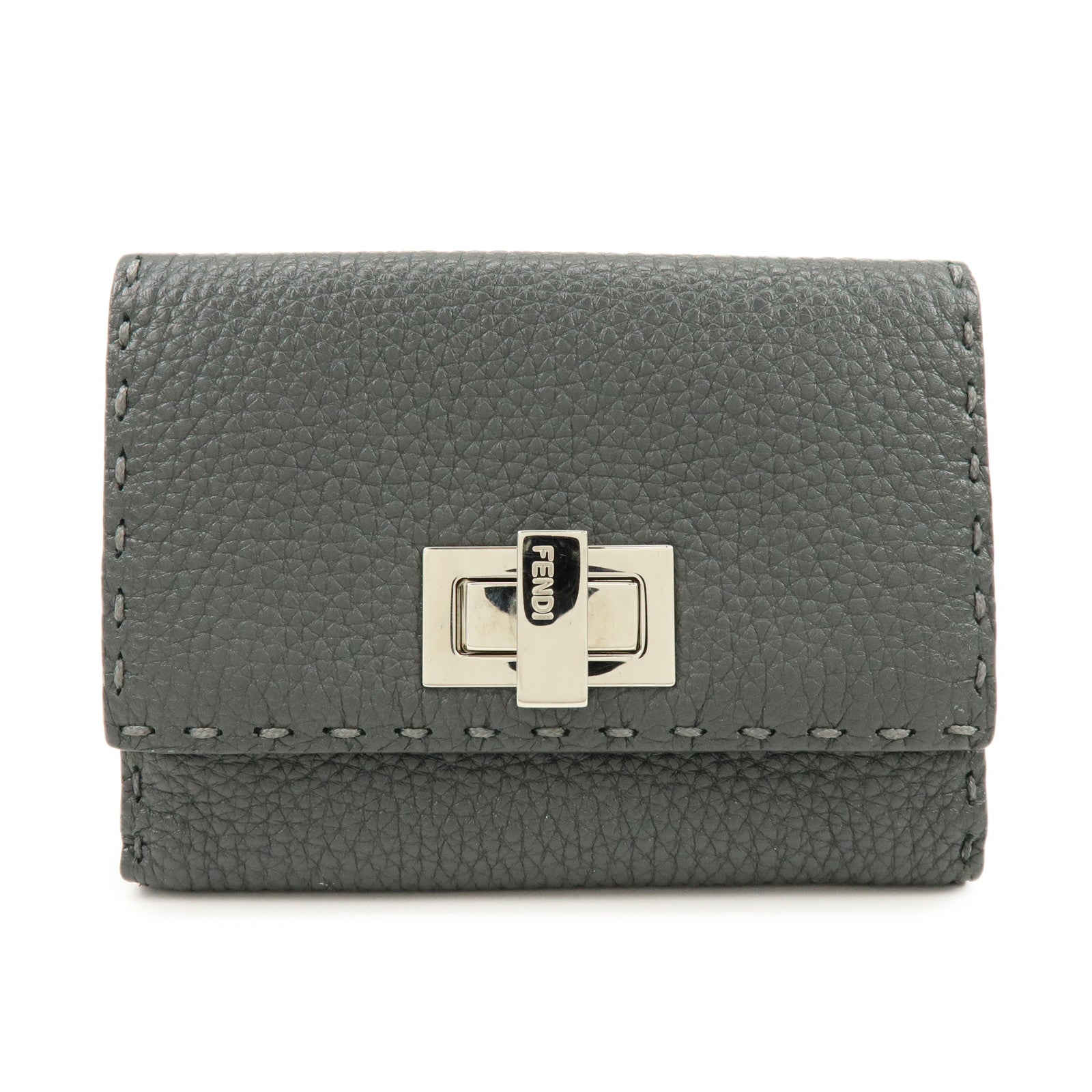 FENDI Selleria Leather Tri-fold Compact Wallet Gray 8M0359