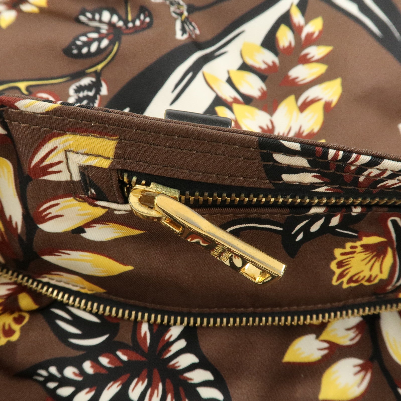 PRADA Triangle Logo Nylon Leather 2Way Bag Shoulder Bag Hand Bag Floral Print Brown Yellow BN2741 Used