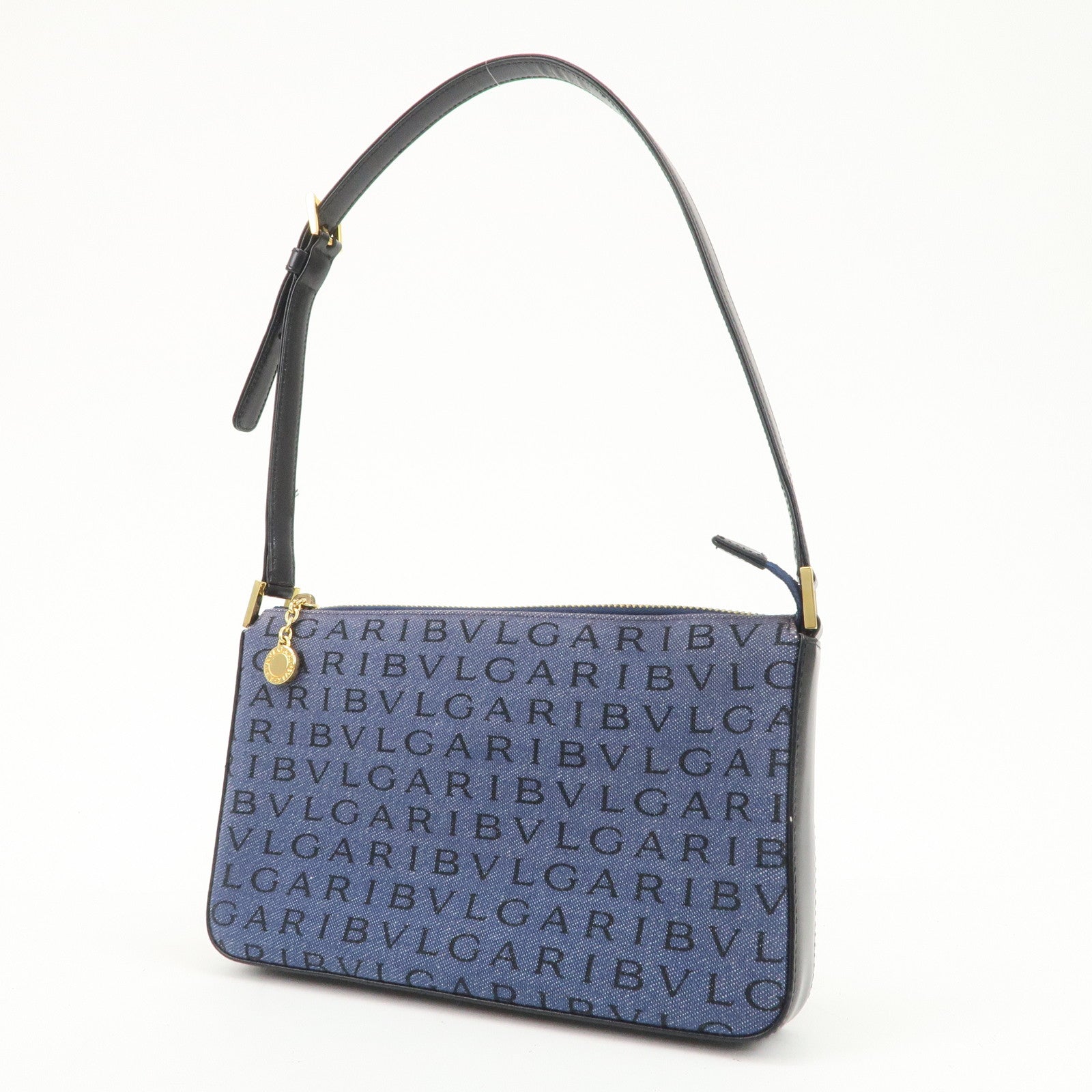 BVLGARI Logo Mania Canvas Leather Shoulder Bag Hand Bag Denim Black