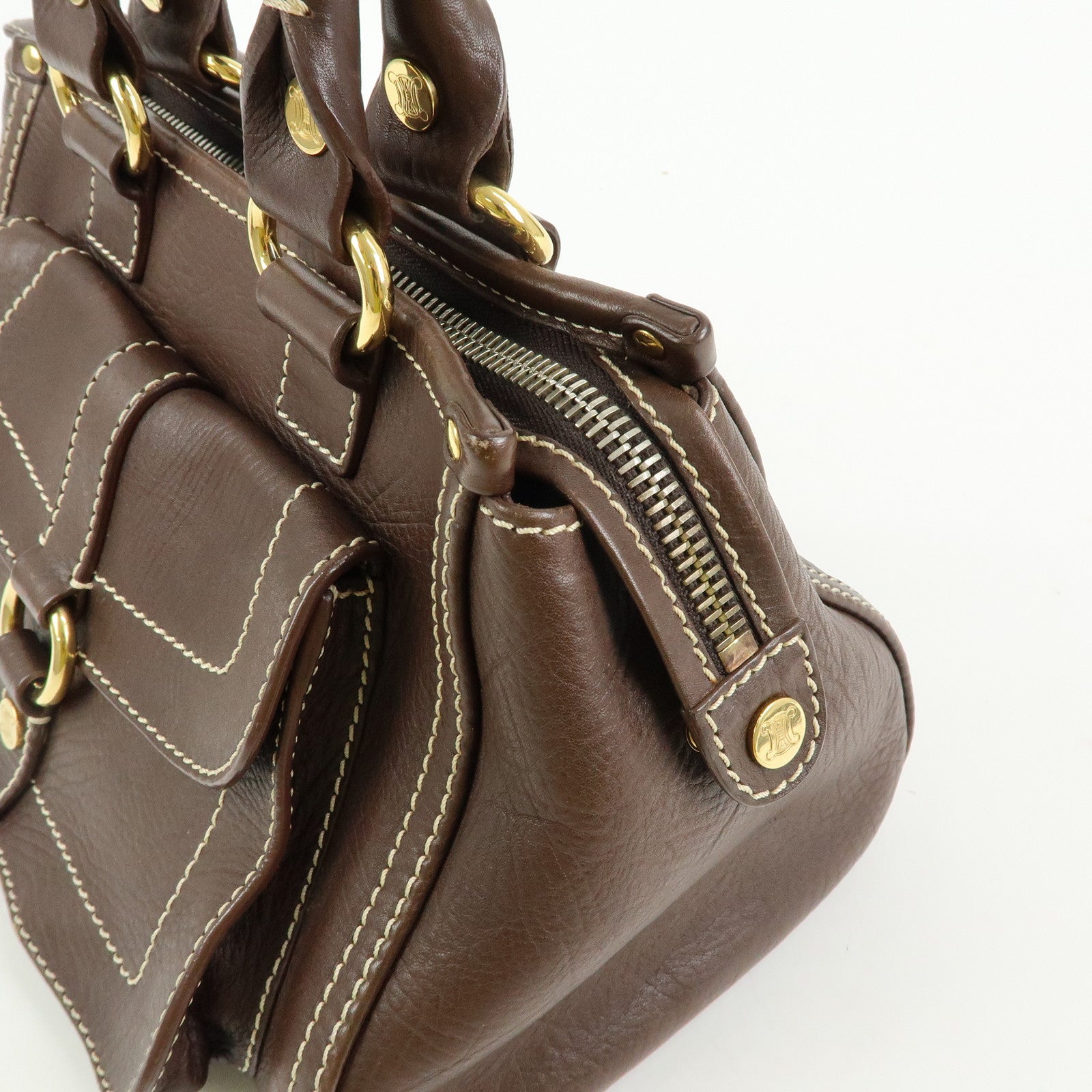 CELINE Logo Leather Hand Bag Mini Boston Bag Dark Brown