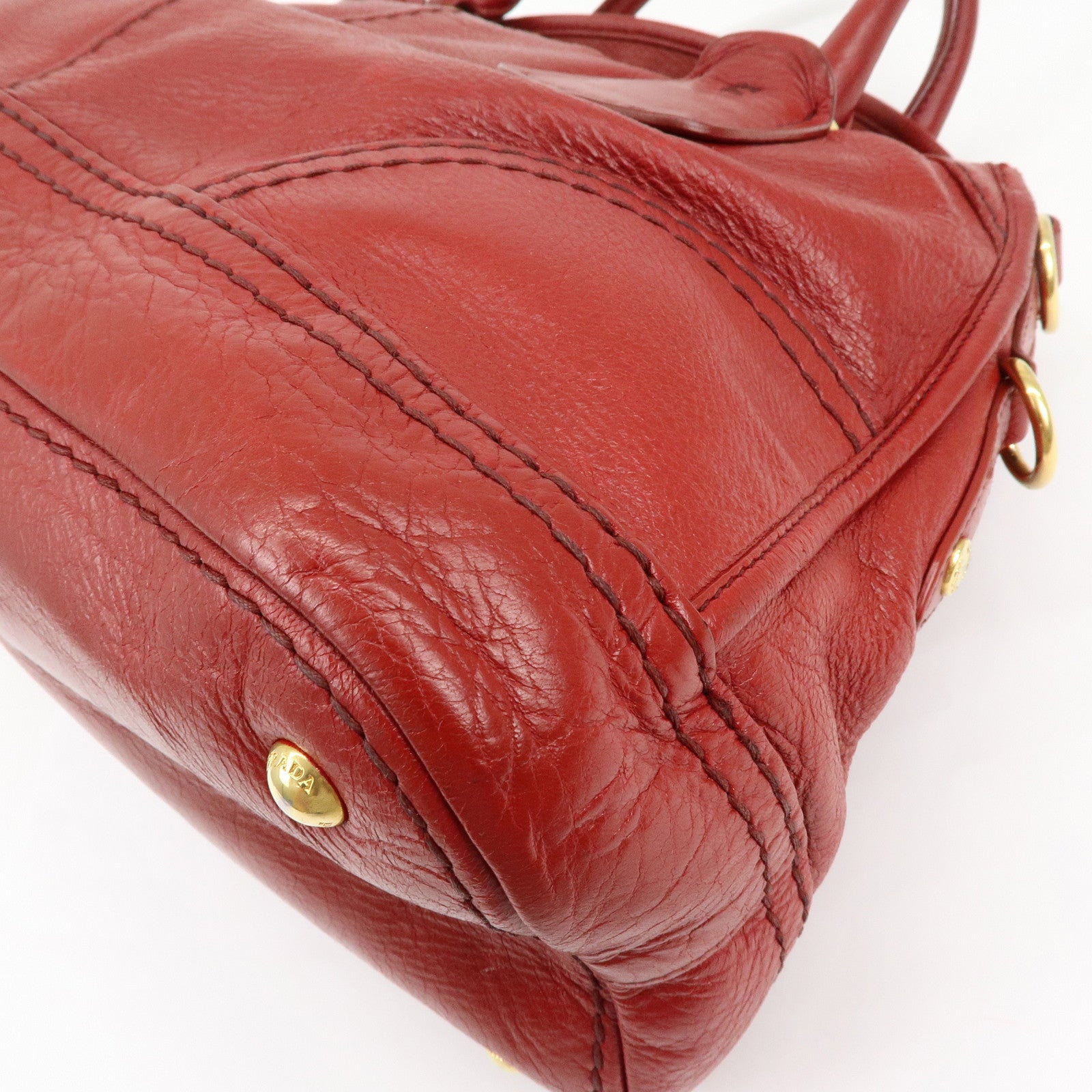 PRADA Cervo Shine Leather Bowler Bag 2Way Tote Bag Red BL0688