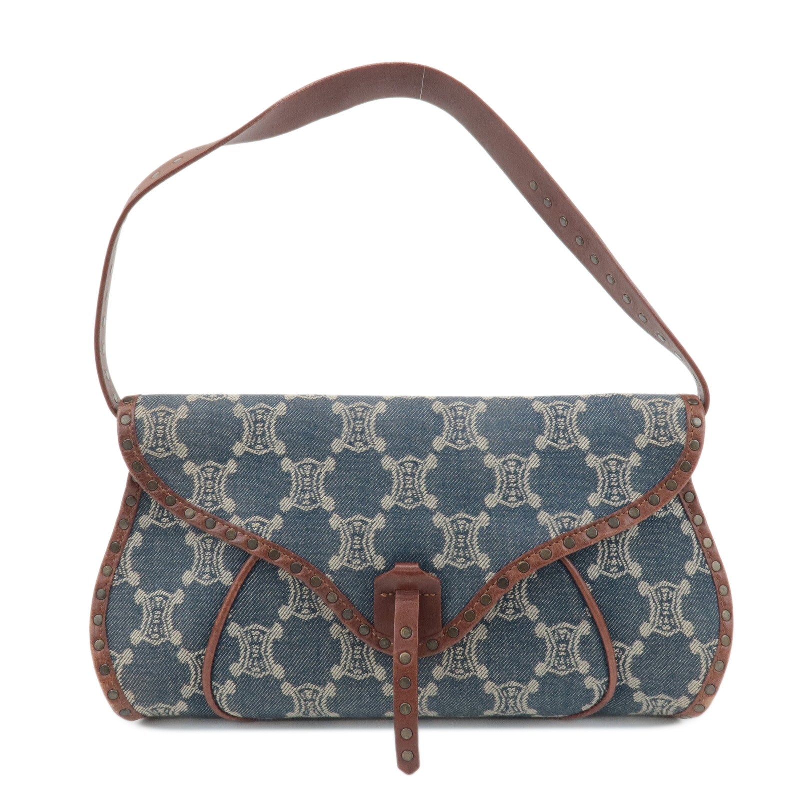 CELINE Macadam Denim Canvas Leather Shoulder Bag Blue Brown Used