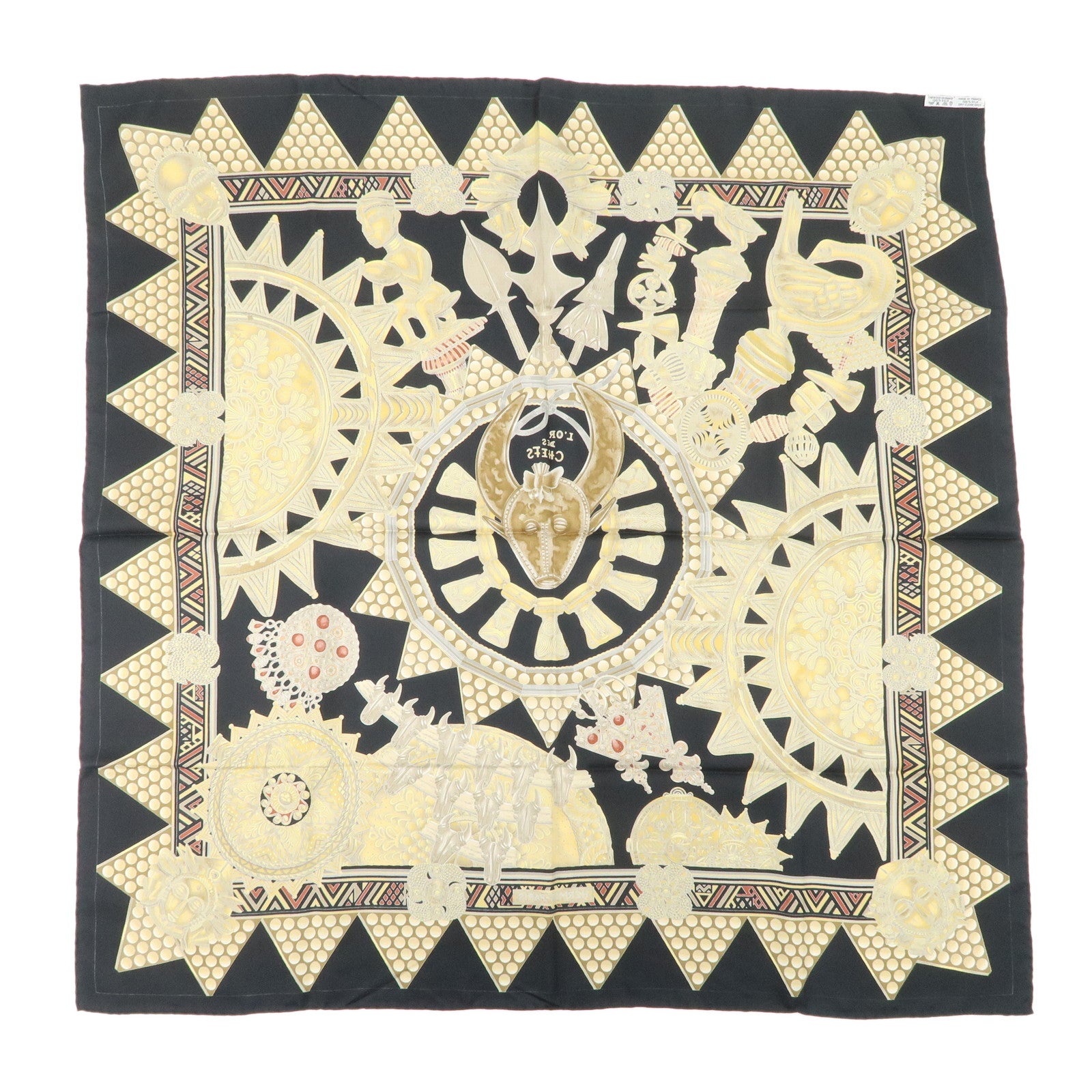 HERMES Carre 90 Silk 100% Scarf L'OR DES CHEFS Black Yellow