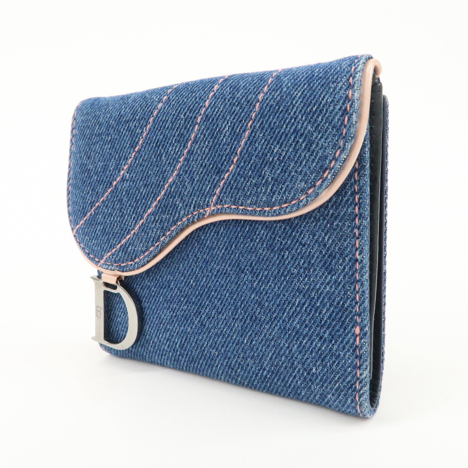 Christian Dior Saddle Lotus Wallet Denim Blue Pink Silver GDW Used
