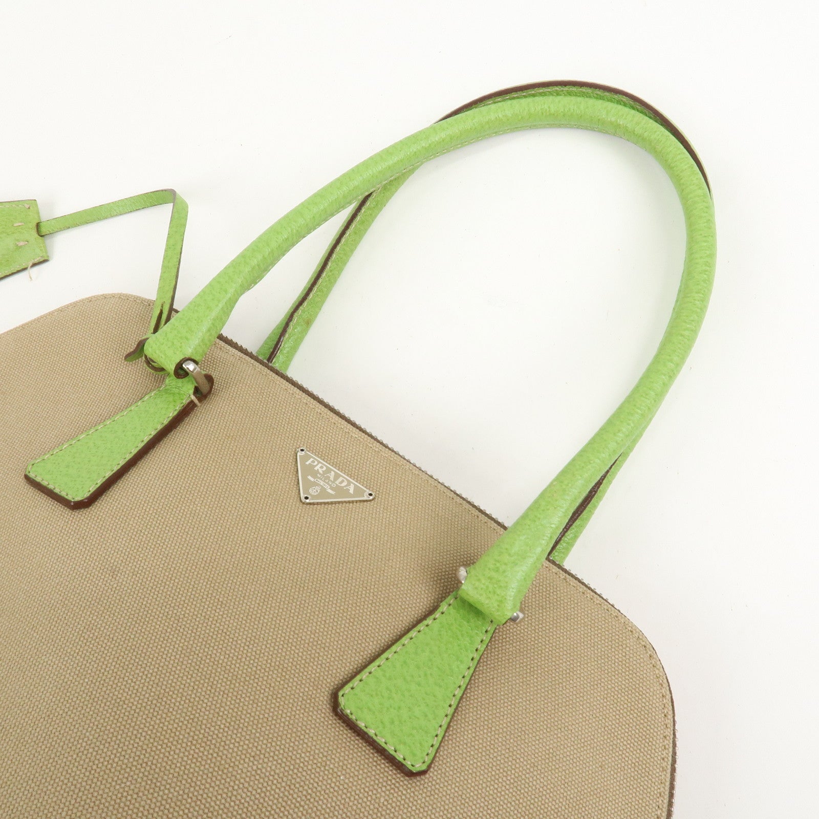 PRADA Canvas Leather Tote Bag Hand Bag Beige Light Green BN0082