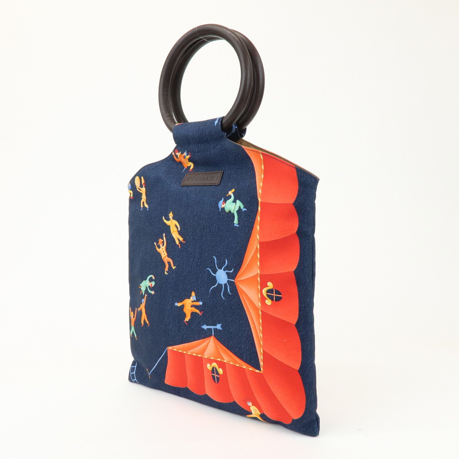 BVLGARI Logo Canvas Leather Hand Bag Navy