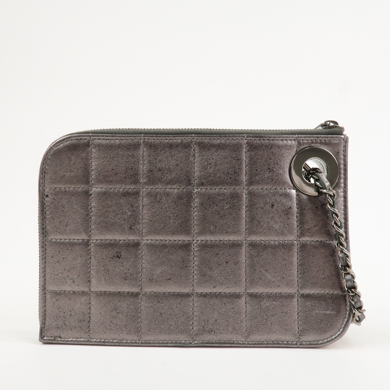 CHANEL Chocolate Bar Leather Clutch Bag Hand Bag Silver