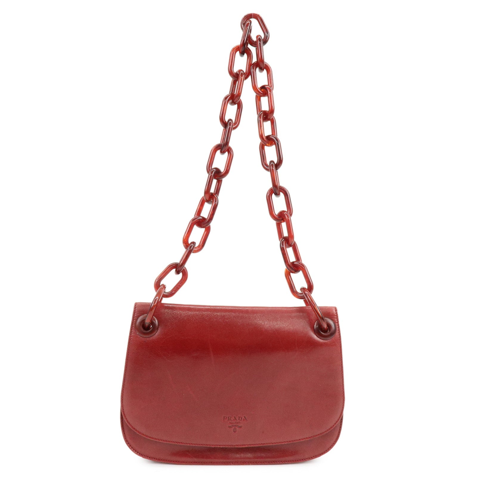 PRADA Logo Leather Plastic Chain Shoulder Bag Hand Bag Red