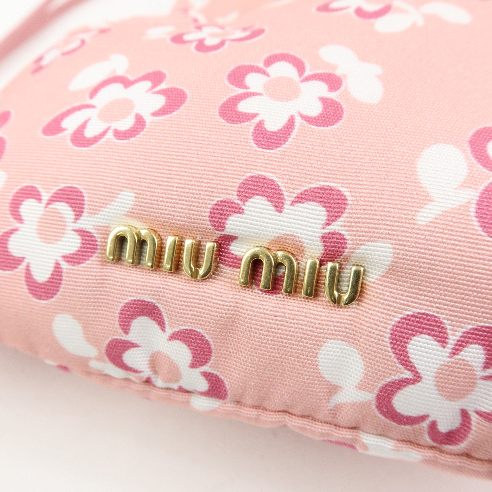MIU MIU Logo Nylon Leather Drawstring Pouch Flower Motif 5NG003