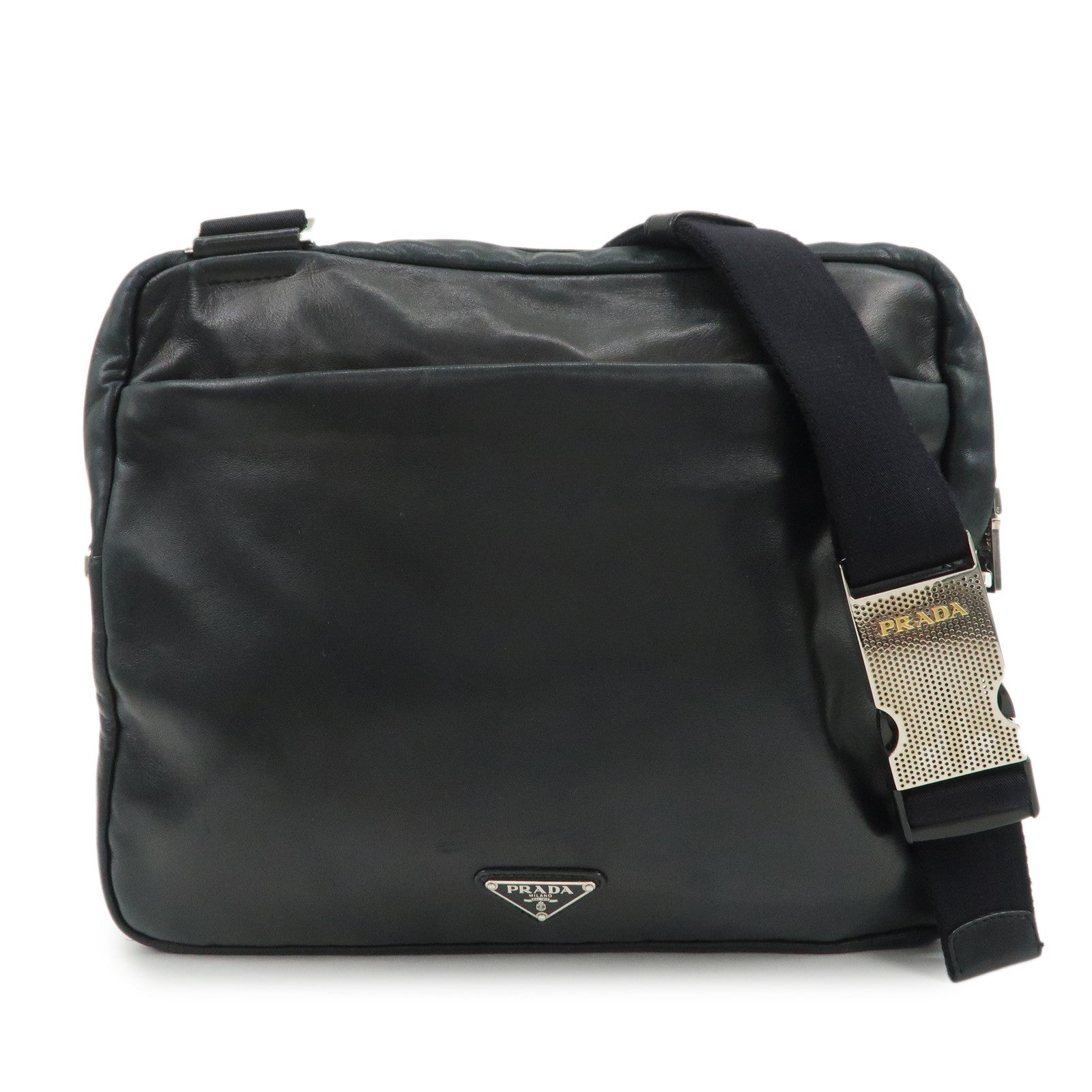 PRADA Triangle Logo Lamb Skin Canvas Shoulder Crossbody Bag Black