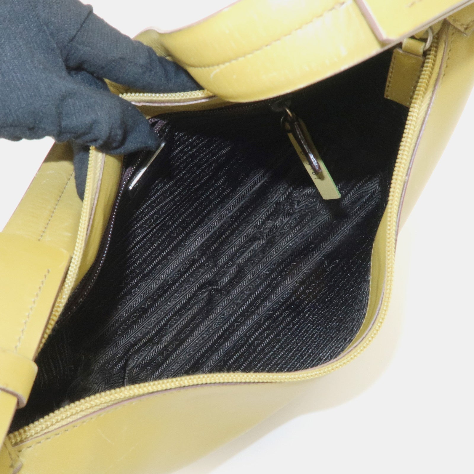 PRADA Leather Shoulder Bag Mustard Silver Hardware Used