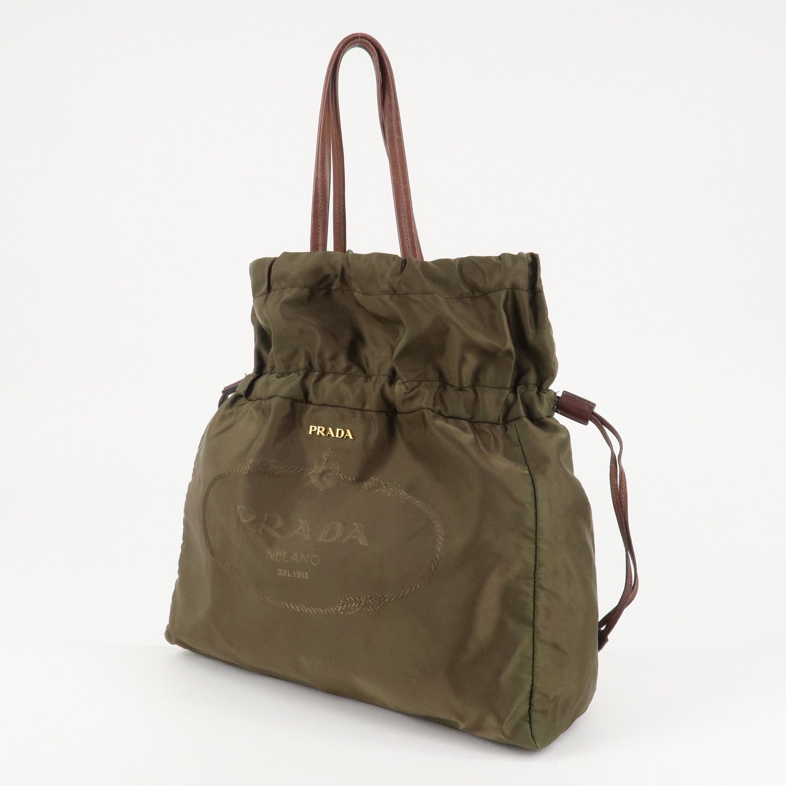 PRADA Logo Nylon Leather Drawstring Tote Bag Shoulder Bag Brown