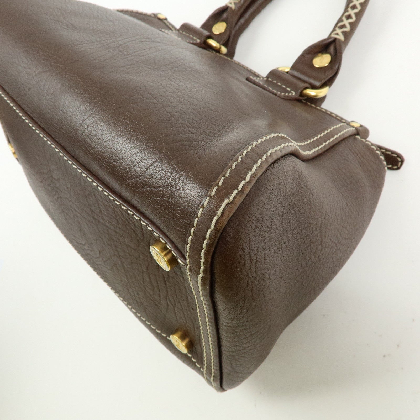 CELINE Logo Leather Hand Bag Mini Boston Bag Dark Brown