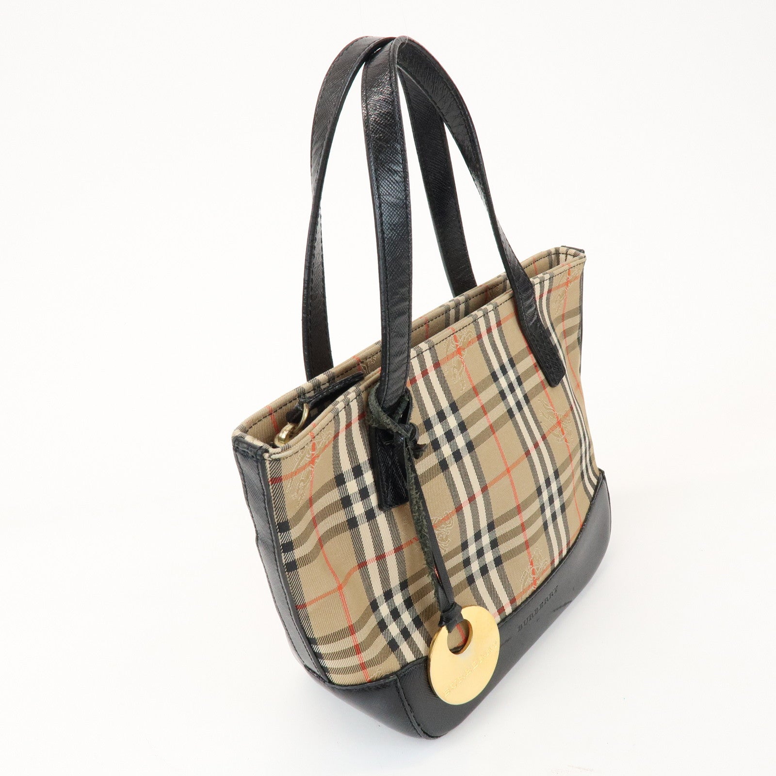 BURBERRY Nova Plaid Canvas Leather Small Hand Bag Black Beige