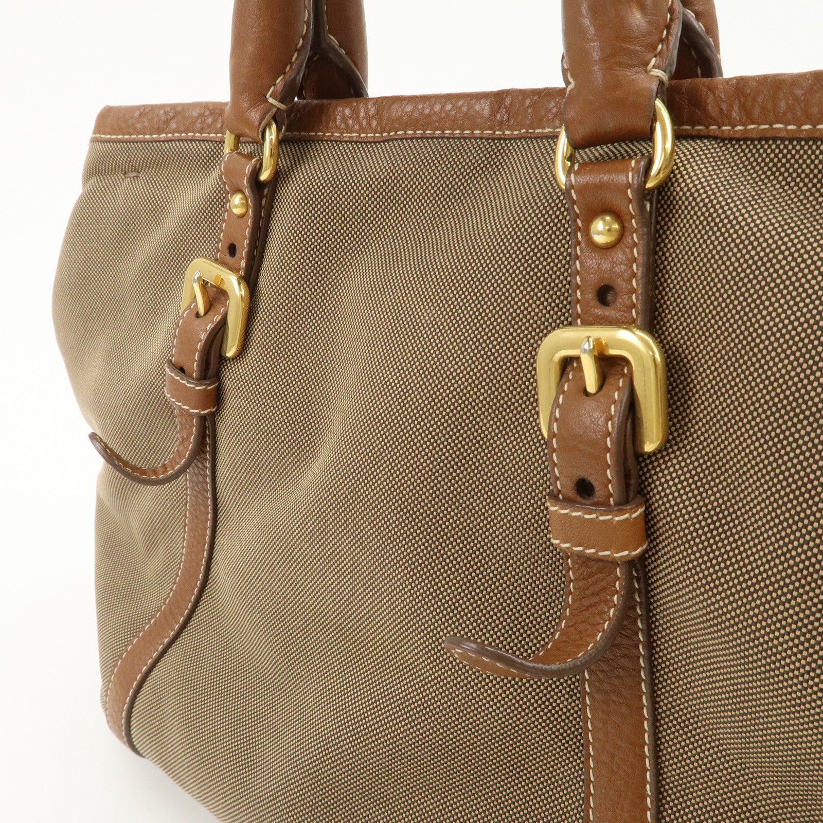 PRADA Leather Logo Jacquard Tote Bag Ribbon Beige Brown BN1841 Used
