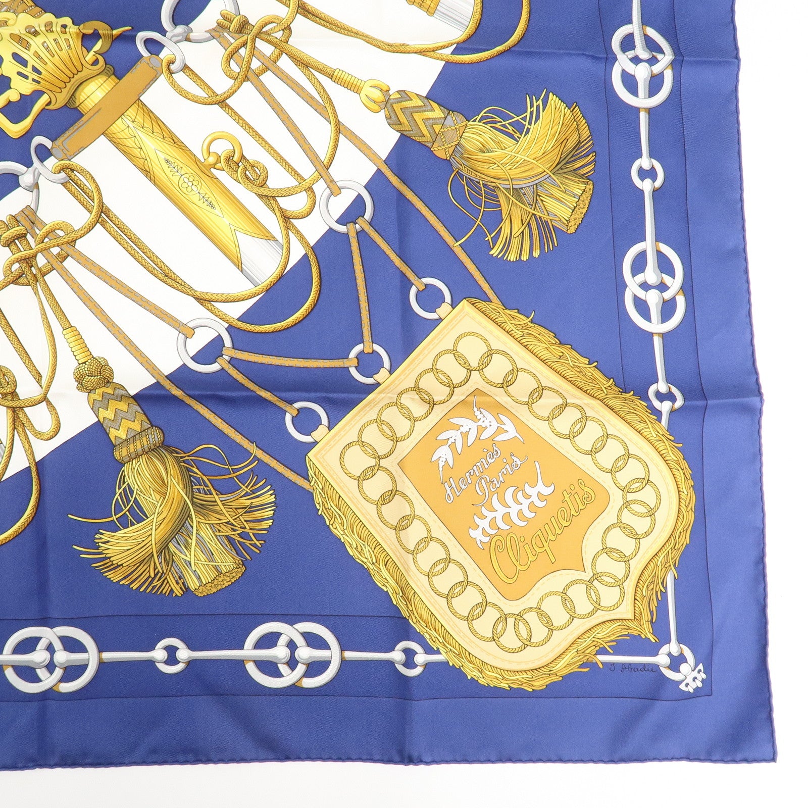 HERMES Carre 90 Silk 100% Scarf Cliquetis Gold Navy White Used