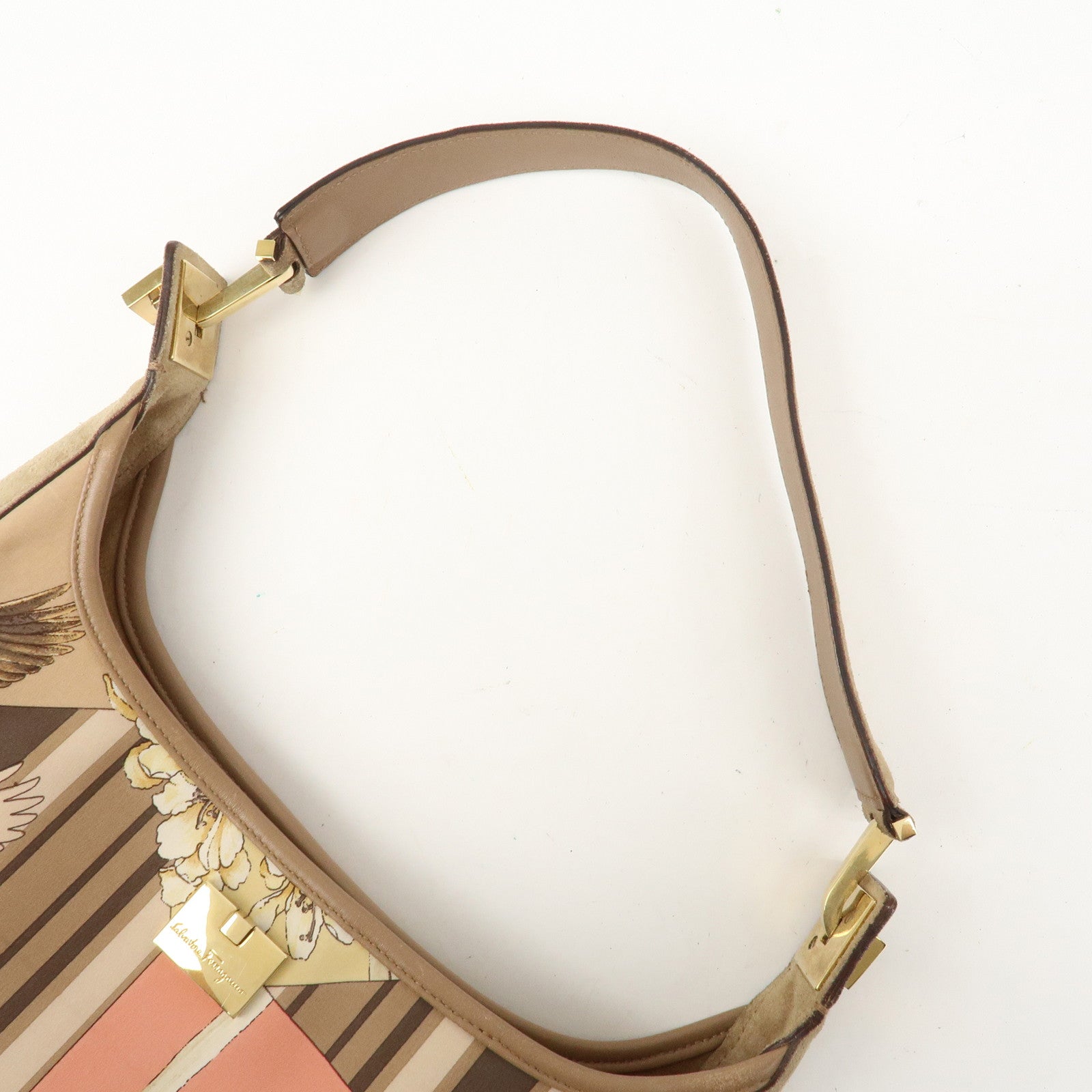 Ferragamo Nylon Leather Shoulder Bag Brown Pink Gold
