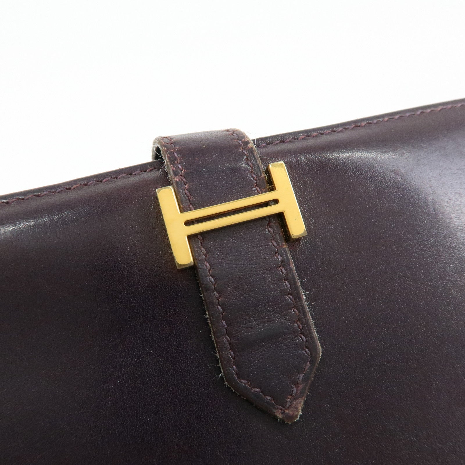 HERMES Bearn Box Calf Leather Bi-fold Long Wallet Purple