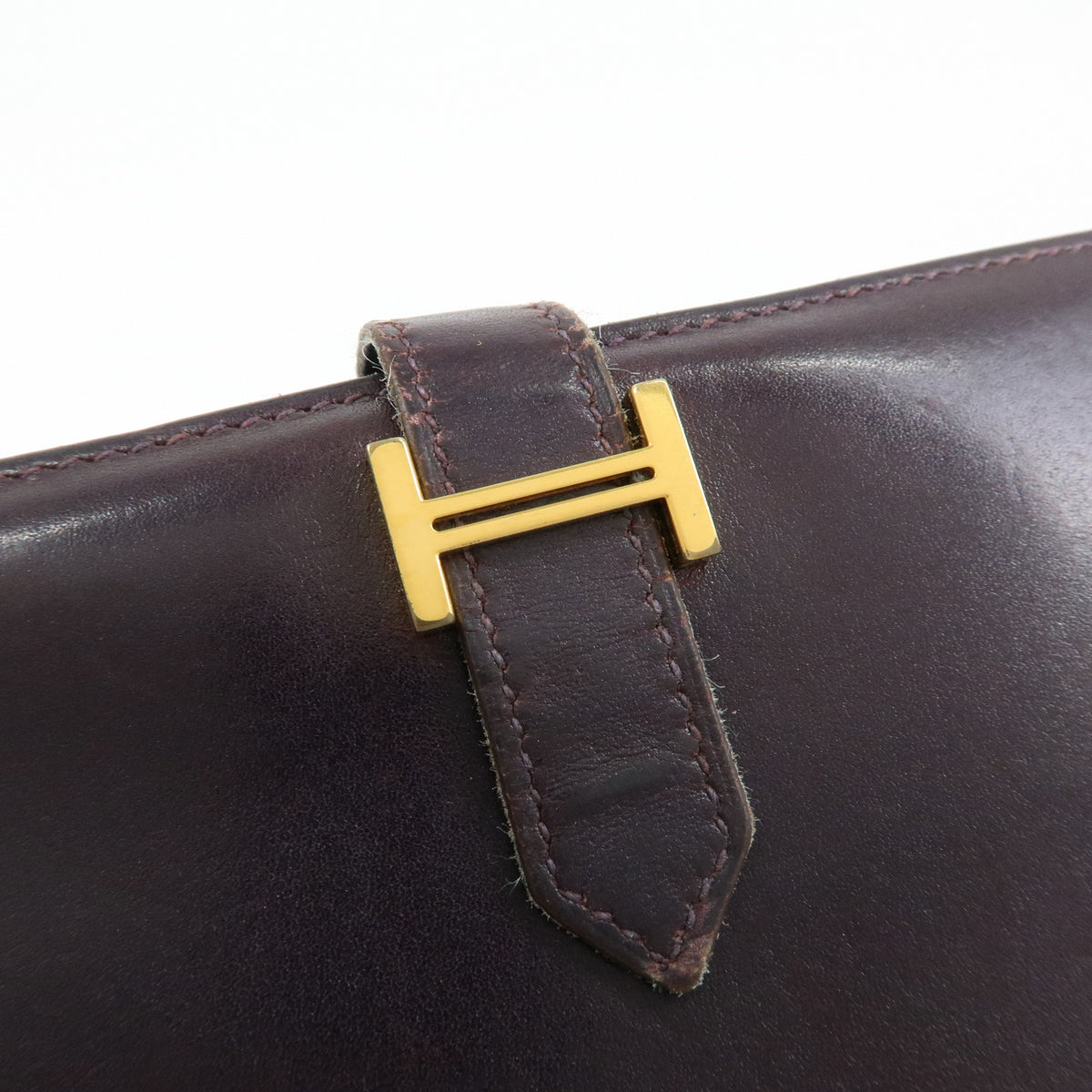 HERMES Bearn Box Calf Leather Bi-fold Long Wallet Purple