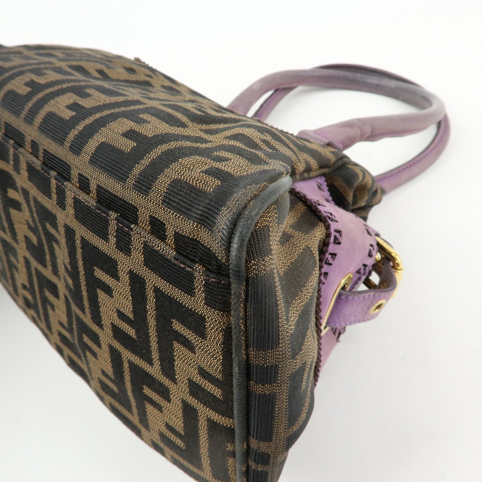 FENDI Ethnico Zucca Canvas Leather Shoulder Bag Brown Purple 8BN157