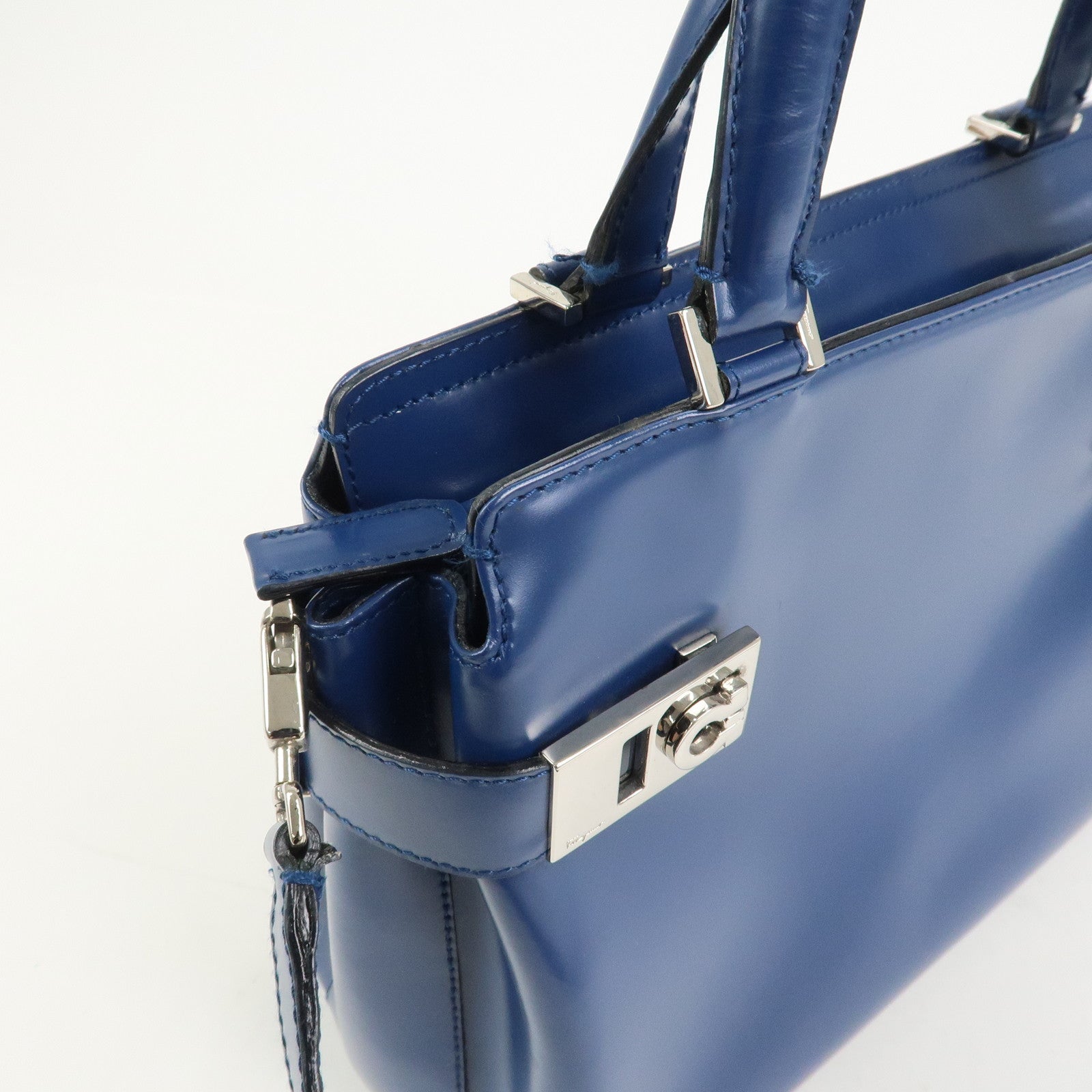 Ferragamo Gancini Logo Leather 2Way Bag Hand Bag Shoulder Bag Blue