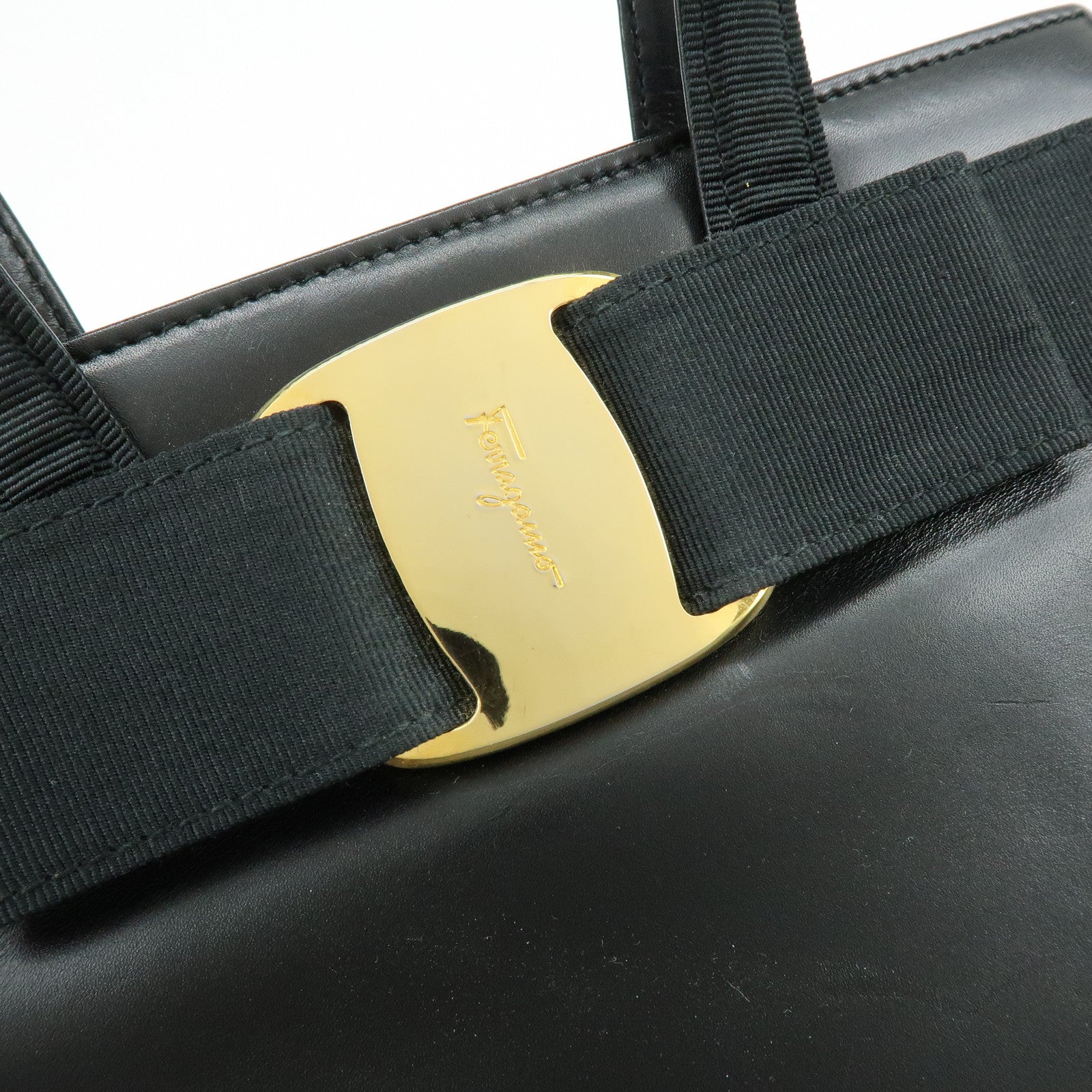 Ferragamo Vara Ribbon Leather Hand Bag Tote Bag Black