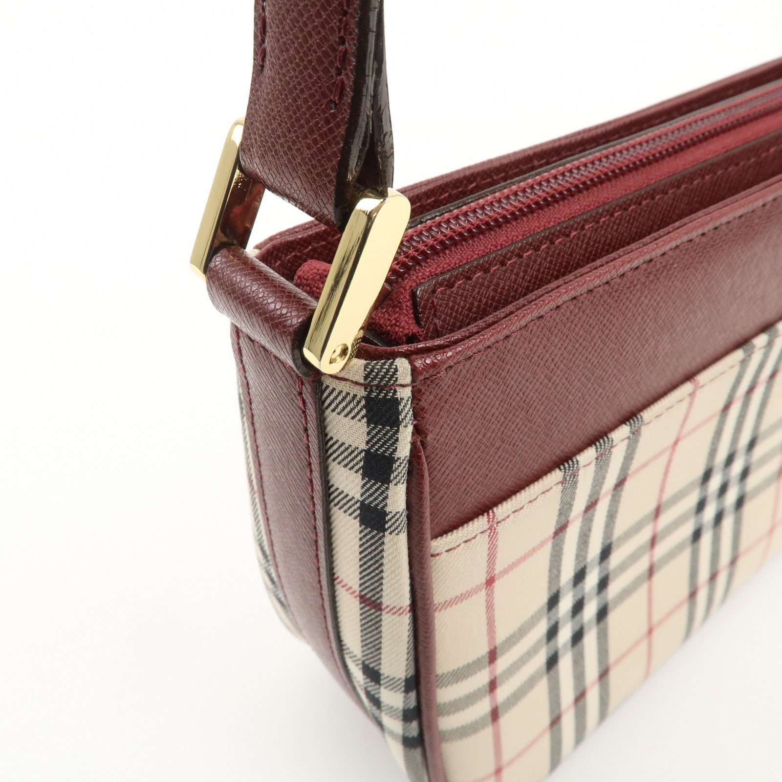 BURBERRY Leather Canvas Shoulder Bag Hand Bag Nova Plaid Bordeaux Used