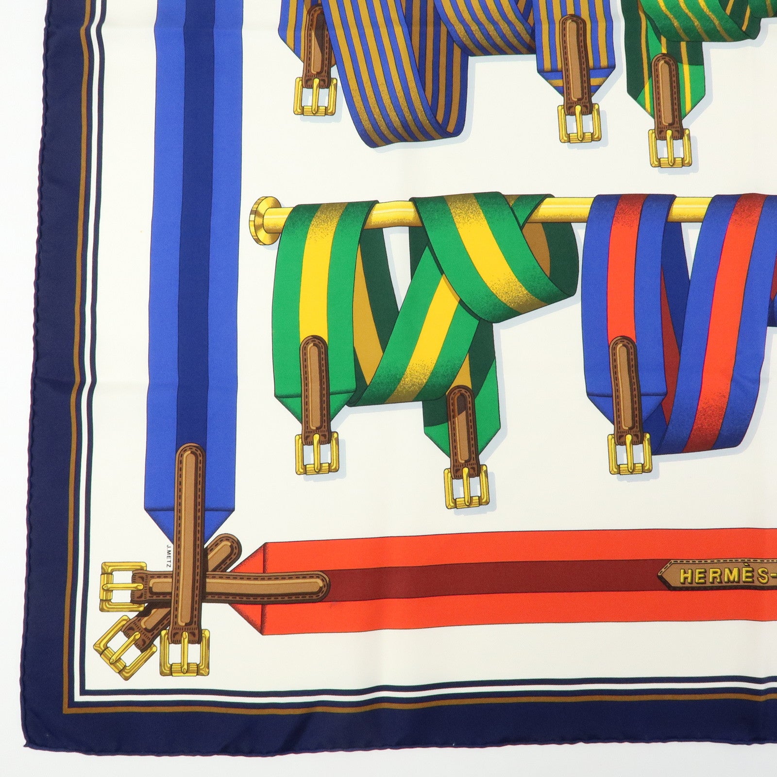 HERMES Carre 90 Silk 100% J.METZ Les Sangles Scarf Blue Green Red
