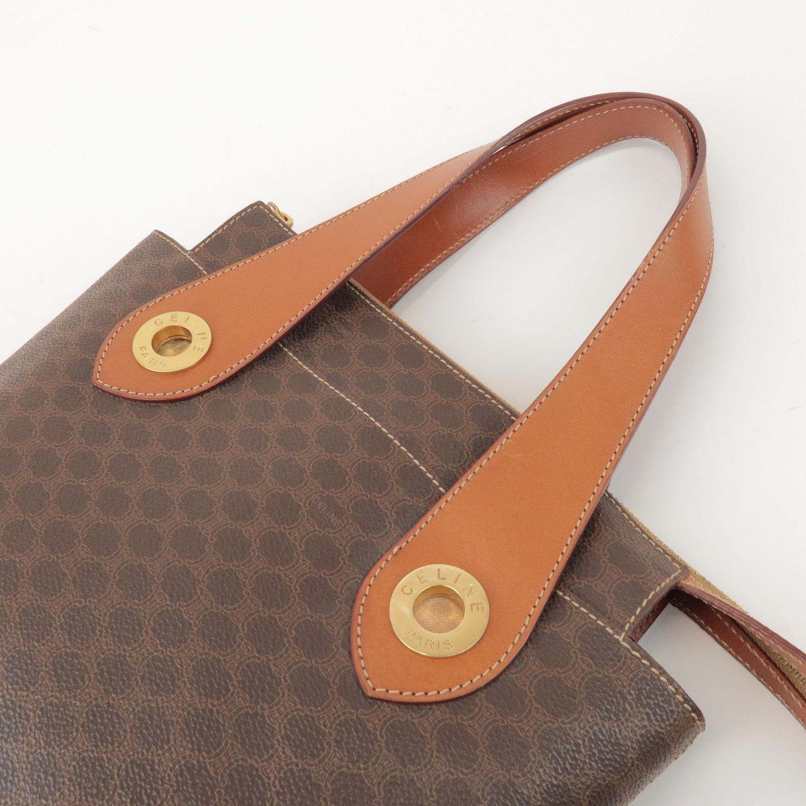 CELINE Macadam PVC Coated Canvas Leather Hand Bag Tote Bag Brown