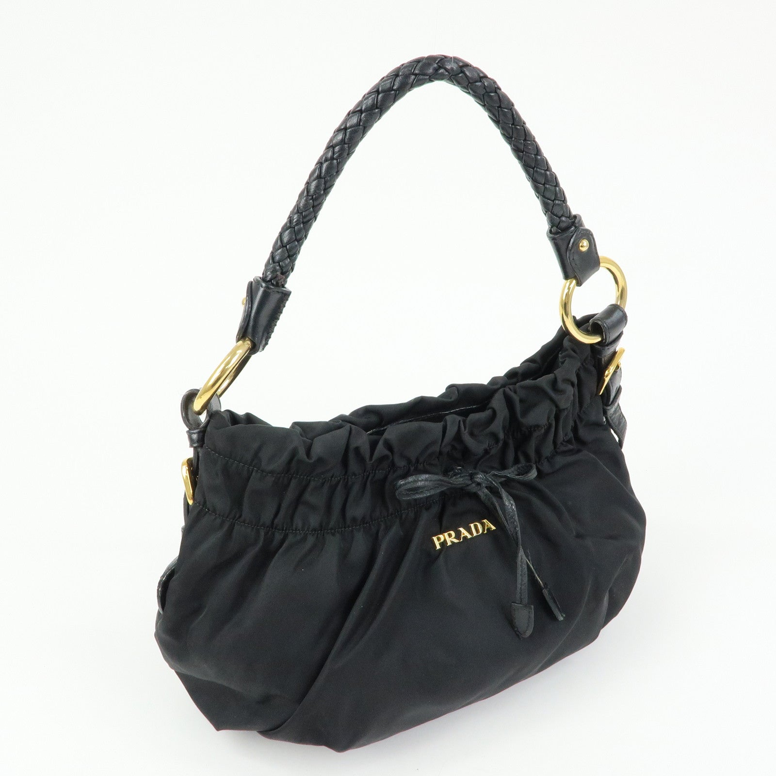 PRADA Ribbon Nylon Leather Shoulder Bag Hand Bag Black