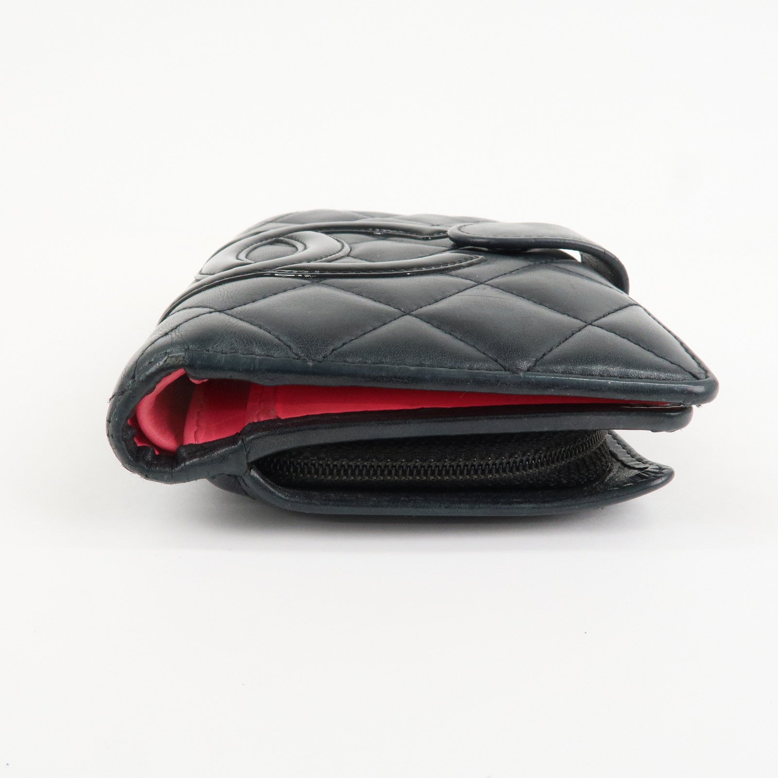 CHANEL Cambon Line COCO Mark Bifold Wallet Black Pink A50080 Used